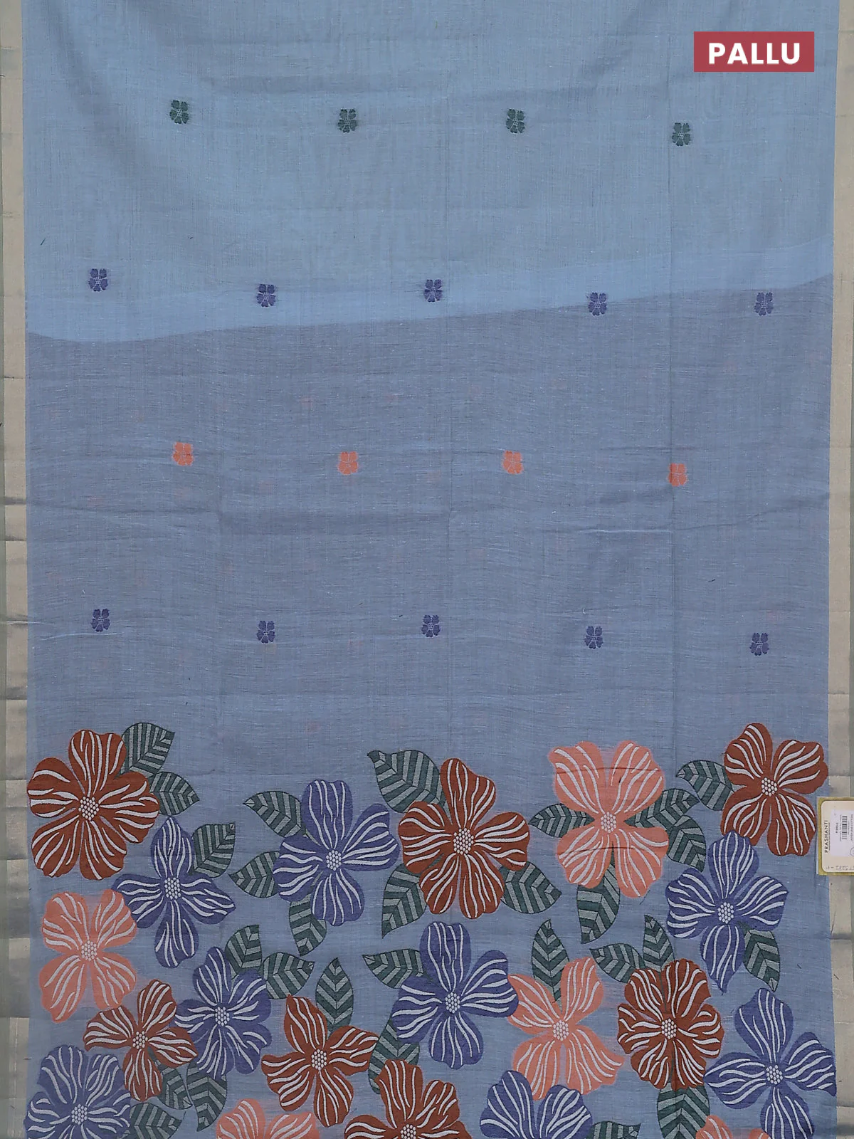 Jamdhani cotton saree blue  and navy blue with thread woven buttas and thread weaving pallu - Image 3