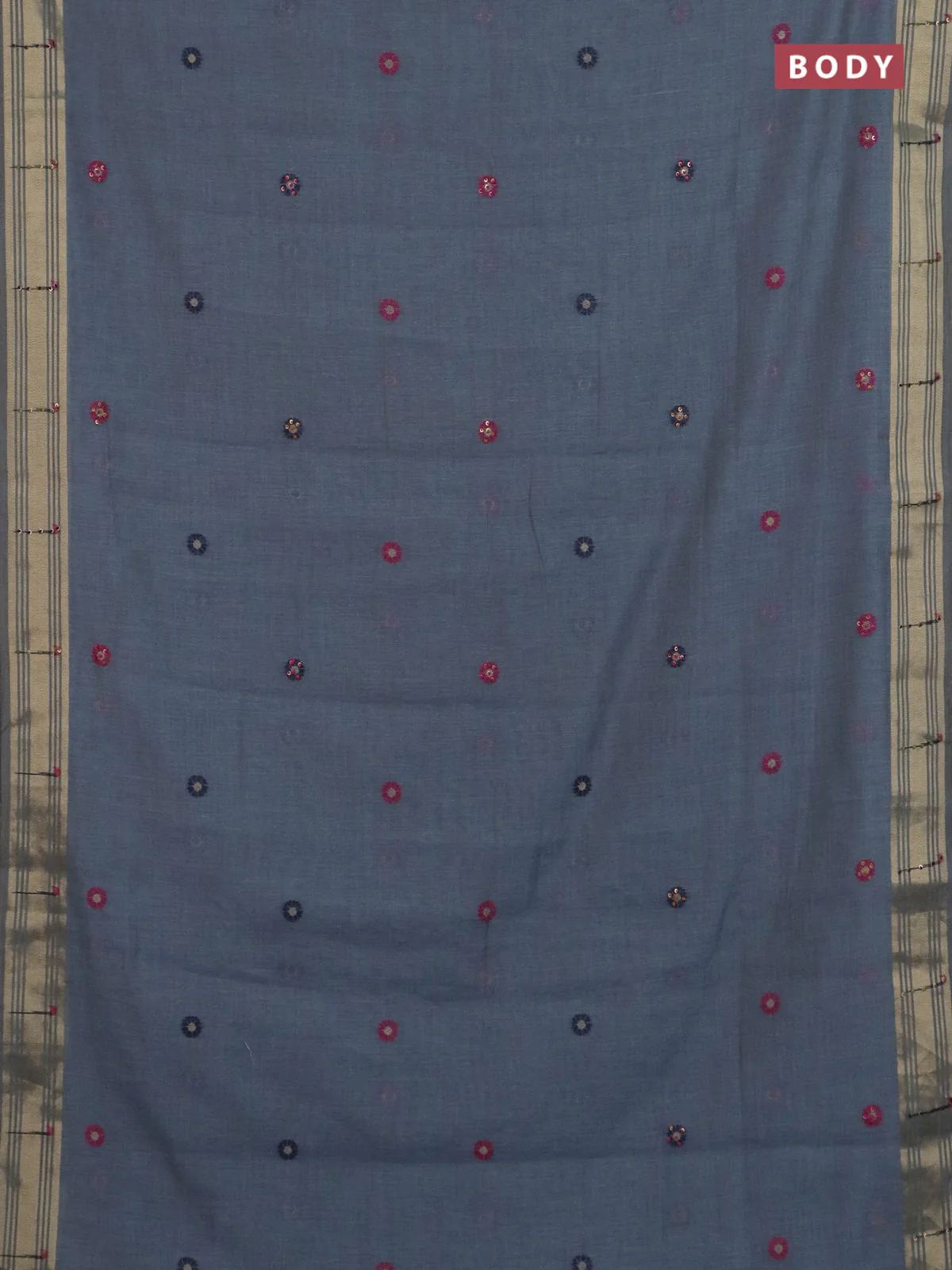 Jamdhani cotton saree bluish grey with thread woven buttas & embroidery work and embroidery jamdhani pallu - Image 2