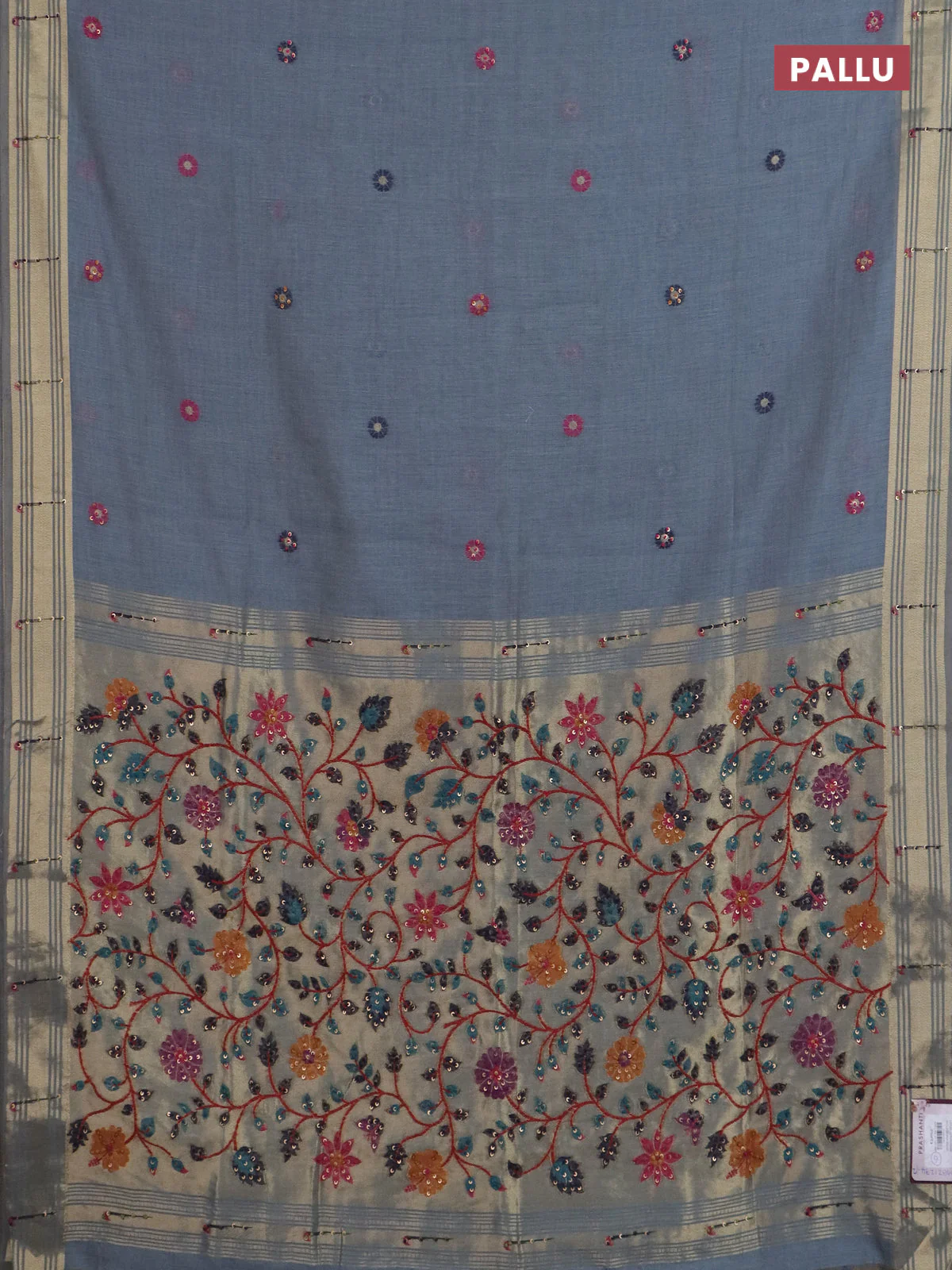 Jamdhani cotton saree bluish grey with thread woven buttas & embroidery work and embroidery jamdhani pallu - Image 3