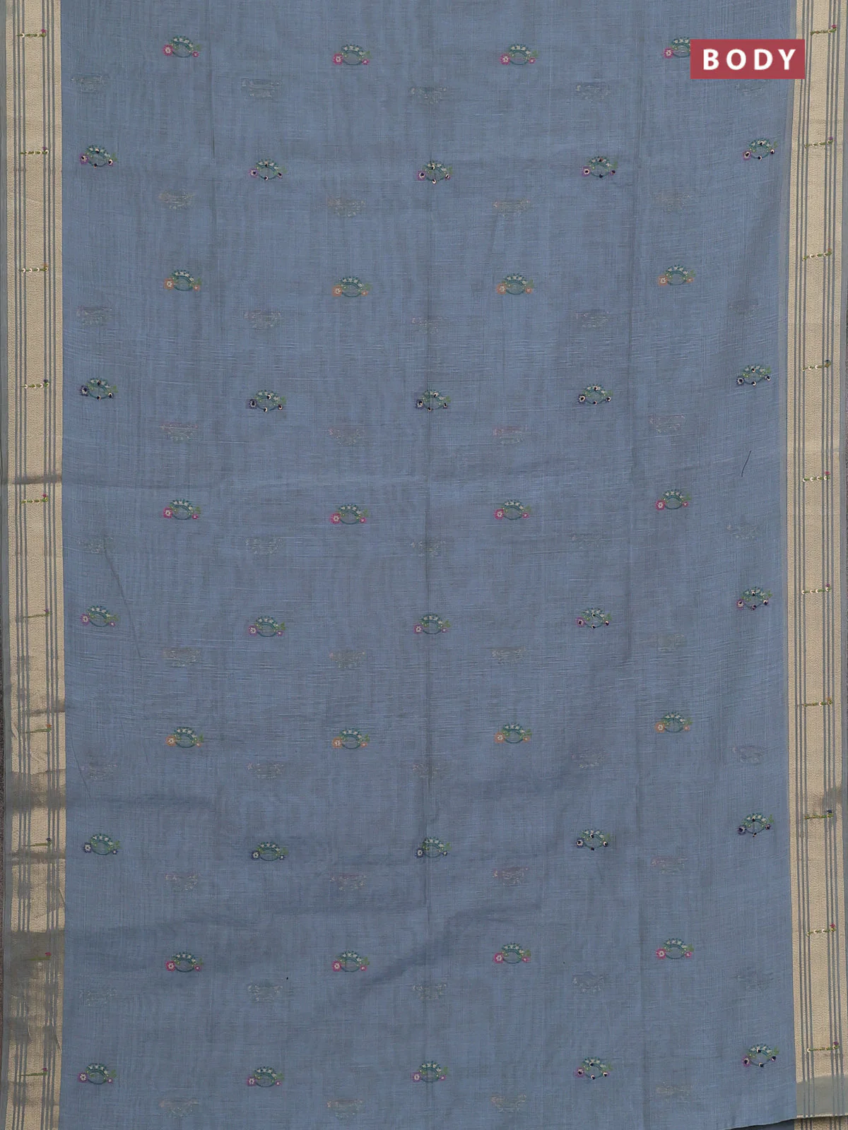 Jamdhani cotton saree bluish grey with thread woven buttas & embroidery work and embroidery jamdhani pallu - Image 2