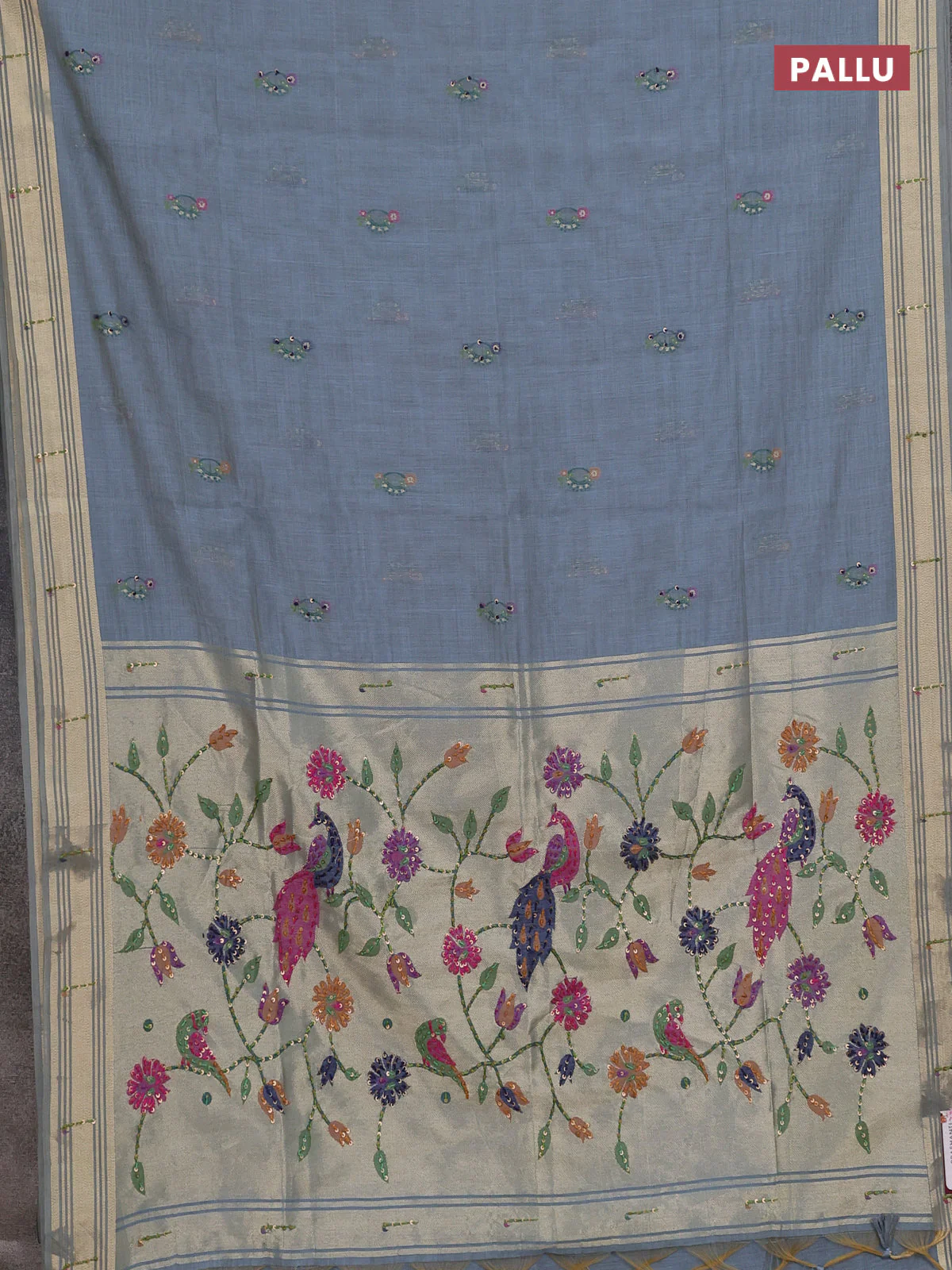 Jamdhani cotton saree bluish grey with thread woven buttas & embroidery work and embroidery jamdhani pallu - Image 3