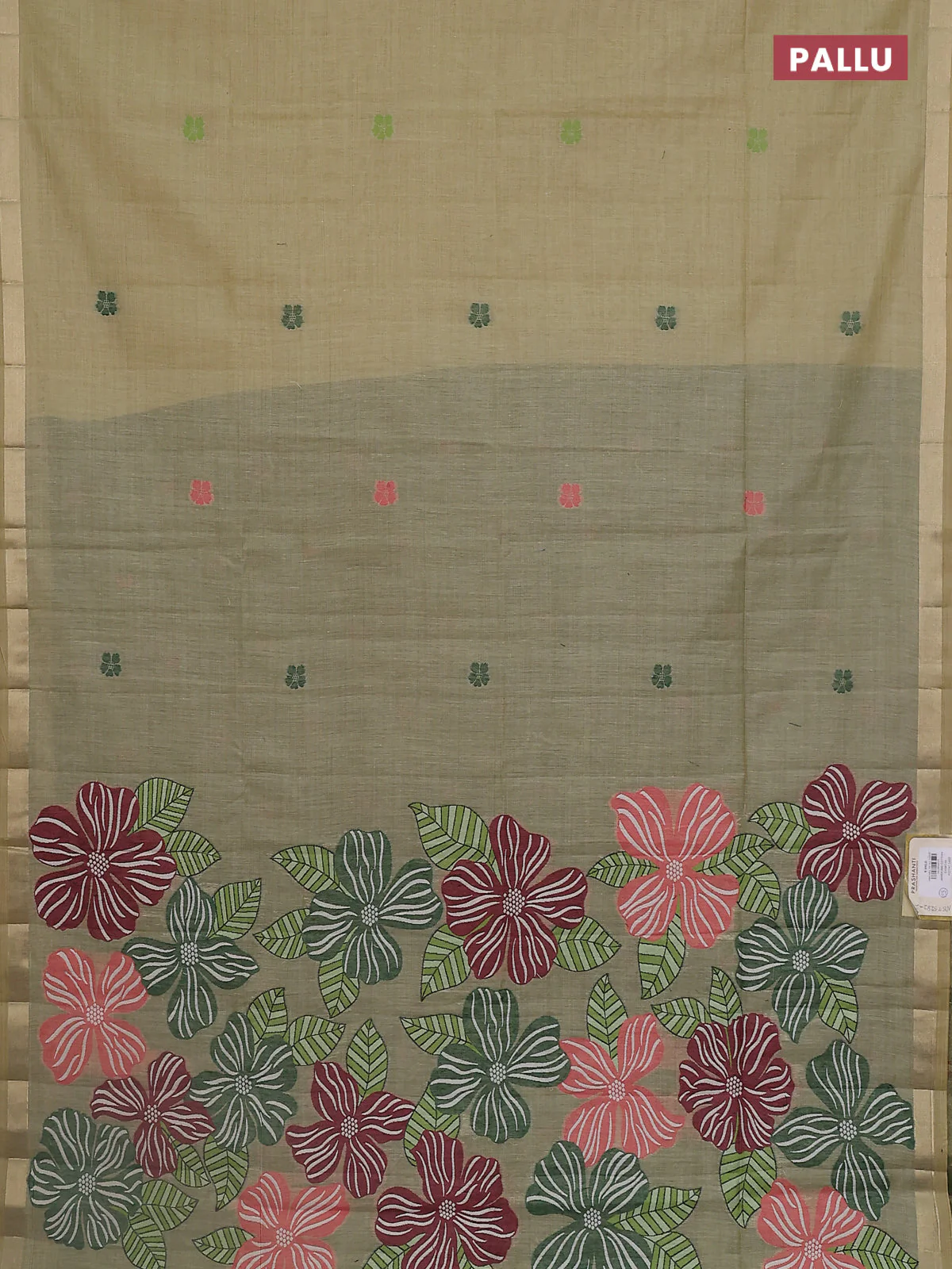 Jamdhani cotton saree green with thread woven buttas and thread weaving pallu - Image 3
