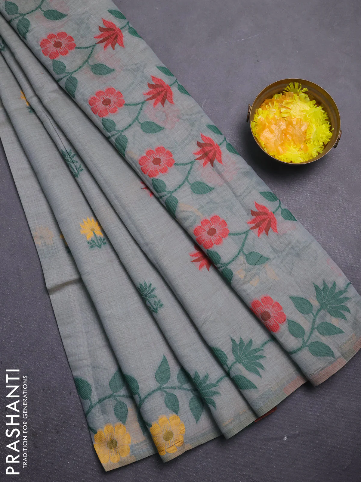 Jamdhani cotton saree grey with thread woven buttas and jamdhani pallu