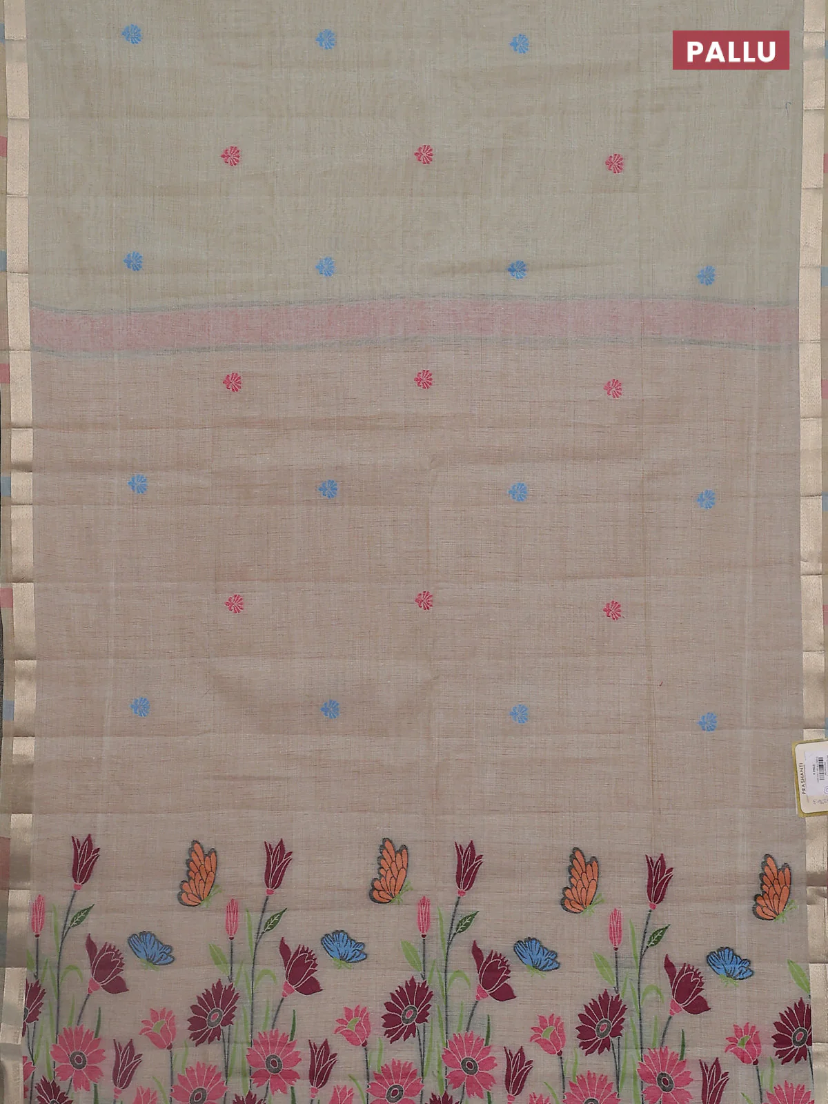Jamdhani cotton saree greyish green shade with thread woven buttas and thread weaving pallu - Image 3