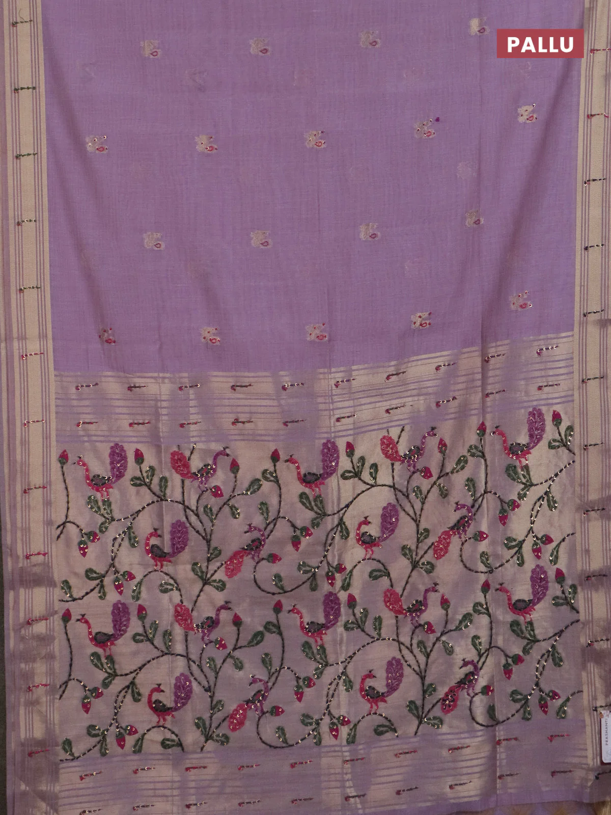 Jamdhani cotton saree lavender with thread woven buttas & embroidery work and embroidery jamdhani pallu - Image 3