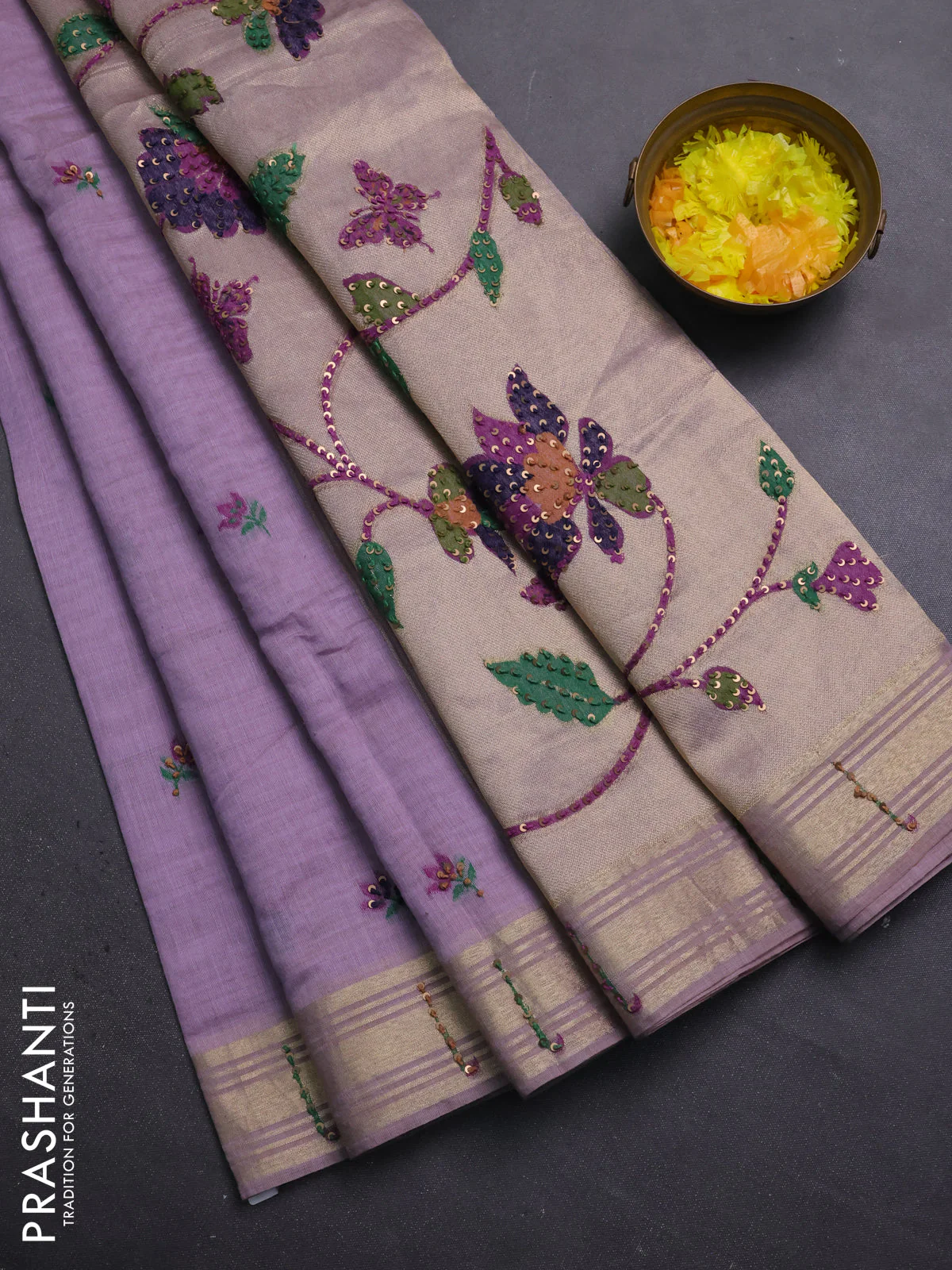 Jamdhani cotton saree lavender with thread woven buttas & embroidery work and embroidery jamdhani pallu - Image 5
