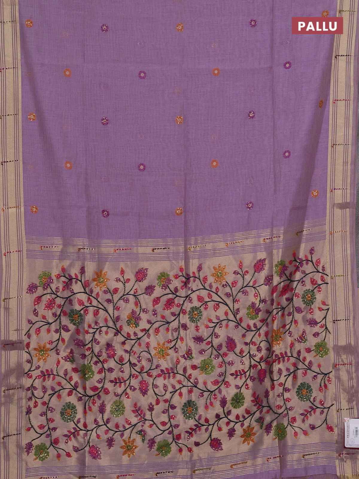 Jamdhani cotton saree lavender with thread woven buttas & embroidery work and embroidery jamdhani pallu - Image 3