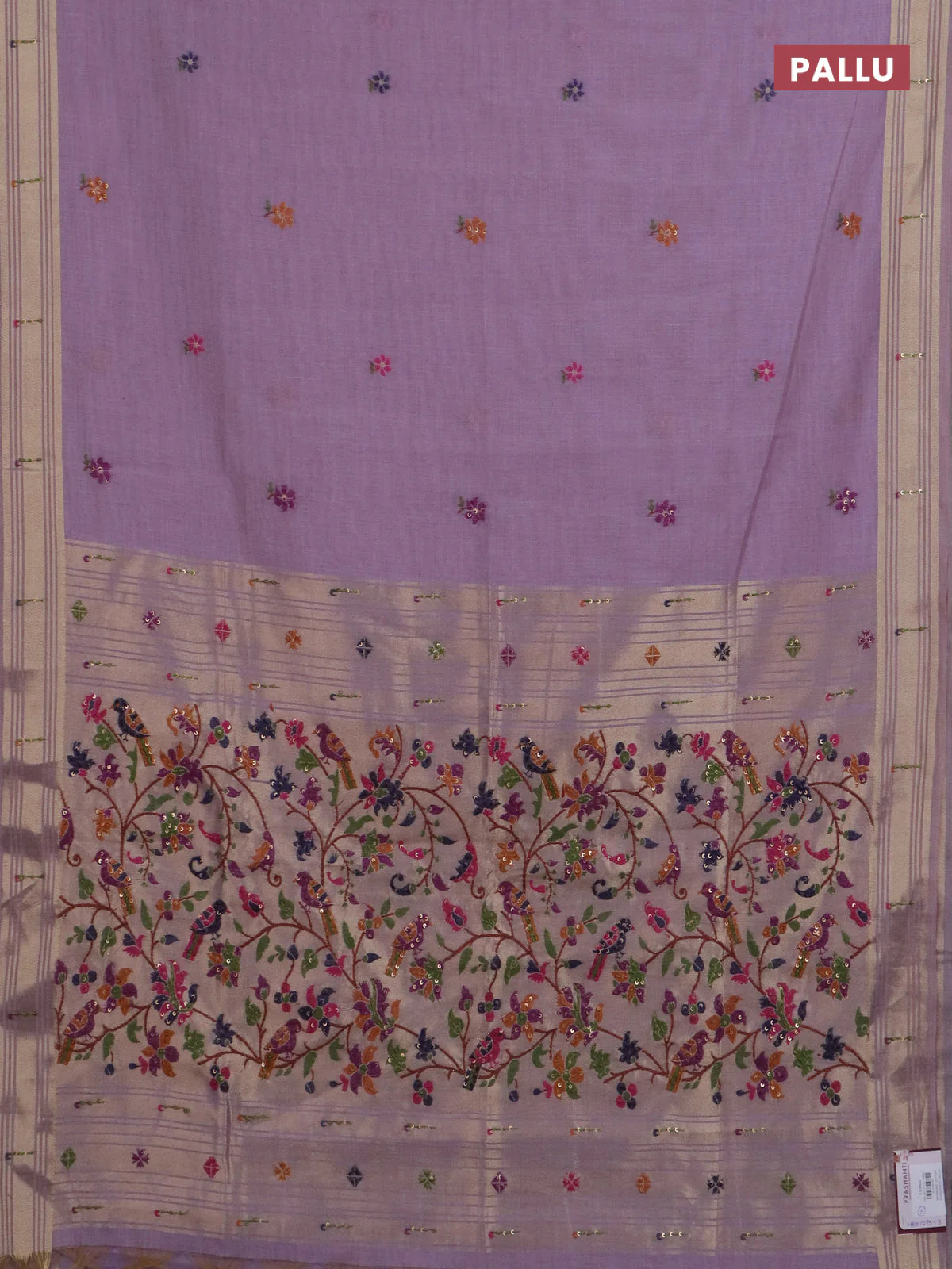 Jamdhani cotton saree lavender with thread woven buttas & embroidery work and embroidery jamdhani pallu - Image 3