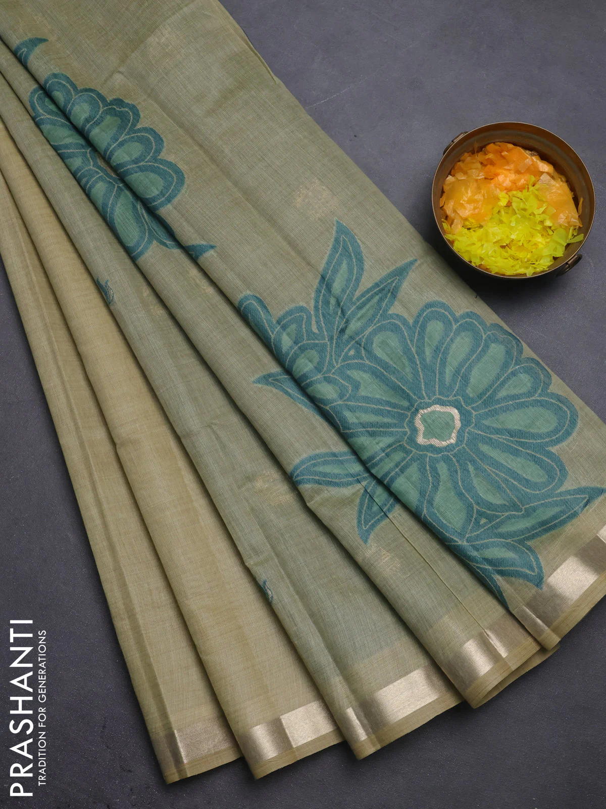 Jamdhani cotton saree light green with thread woven buttas and thread weaving pallu