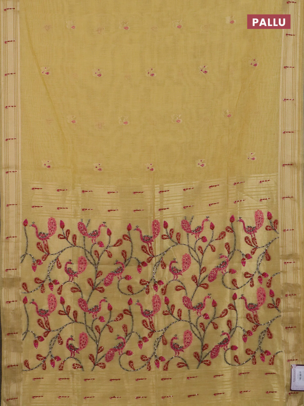 Jamdhani cotton saree pale yellow with thread woven buttas & embroidery work and embroidery jamdhani pallu - Image 3