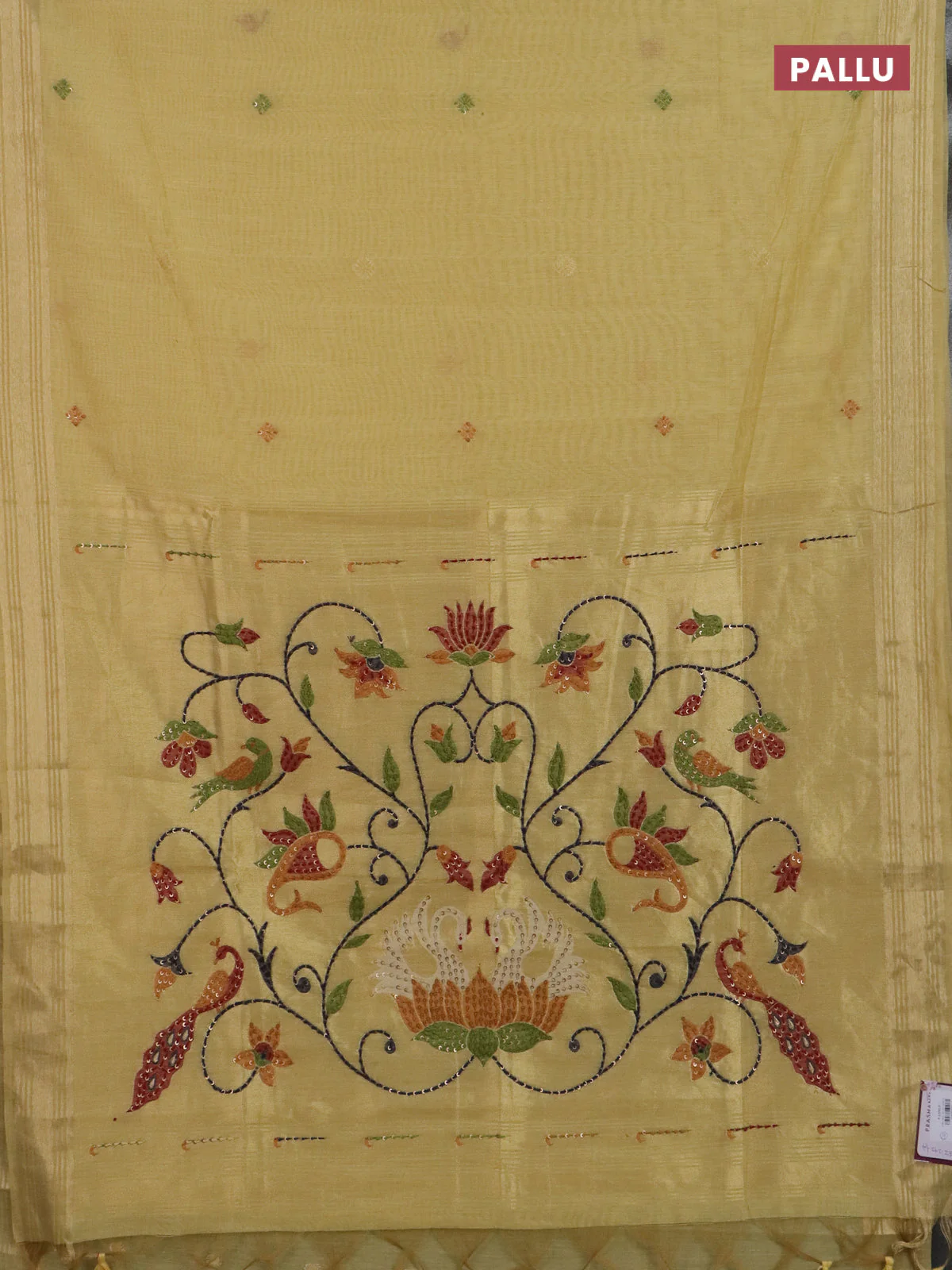 Jamdhani cotton saree pale yellow with thread woven buttas & embroidery work and embroidery jamdhani pallu - Image 3