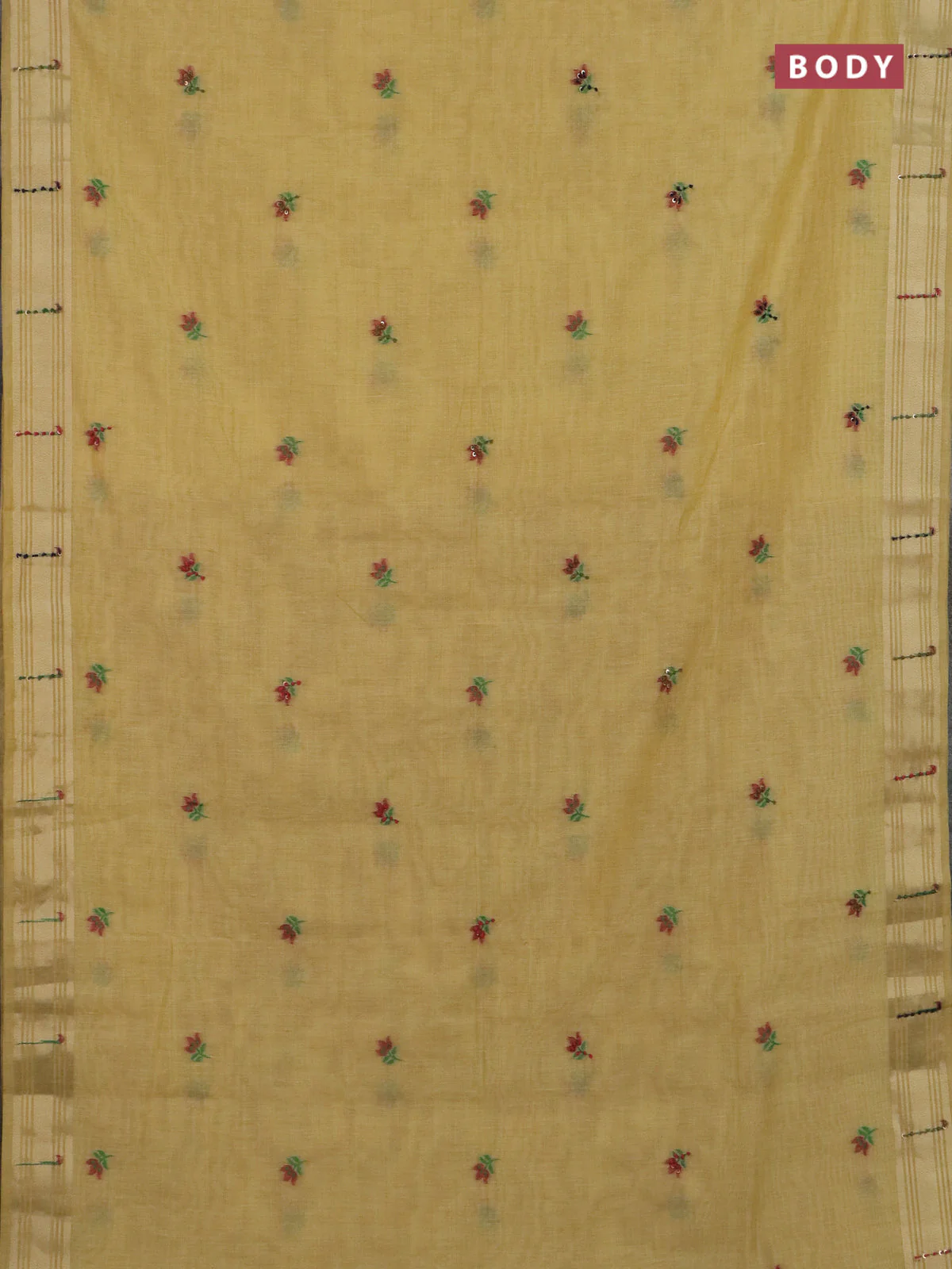Jamdhani cotton saree pale yellow with thread woven buttas & embroidery work and embroidery jamdhani pallu - Image 2