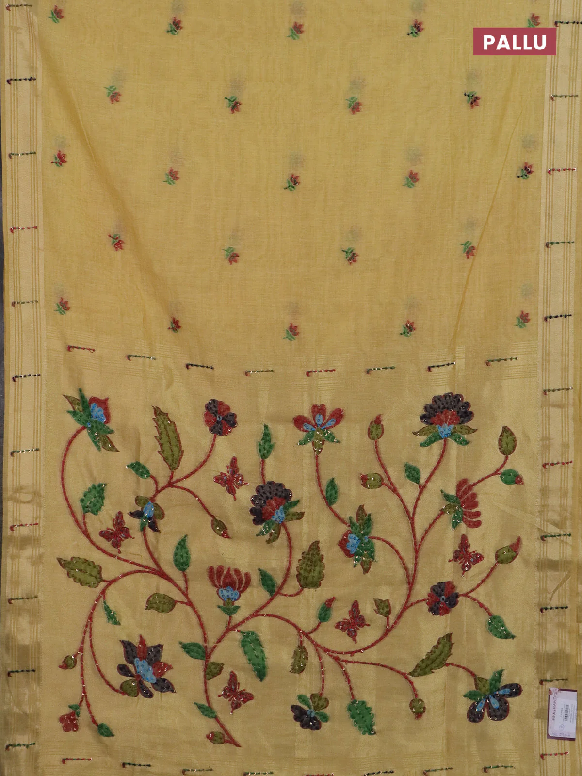 Jamdhani cotton saree pale yellow with thread woven buttas & embroidery work and embroidery jamdhani pallu - Image 3