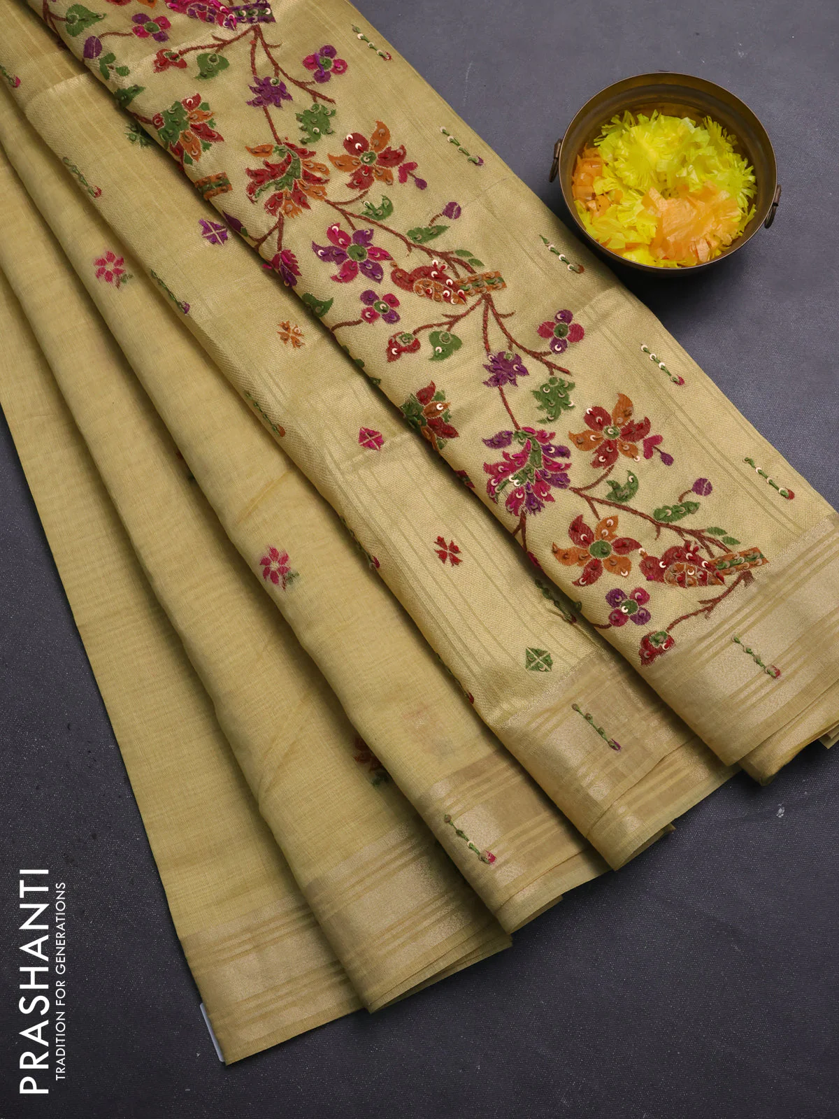 Jamdhani cotton saree pale yellow with thread woven buttas & embroidery work and embroidery jamdhani pallu