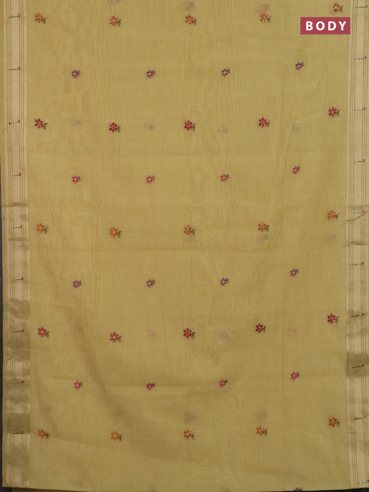 Jamdhani cotton saree pale yellow with thread woven buttas & embroidery work and embroidery jamdhani pallu - Image 2