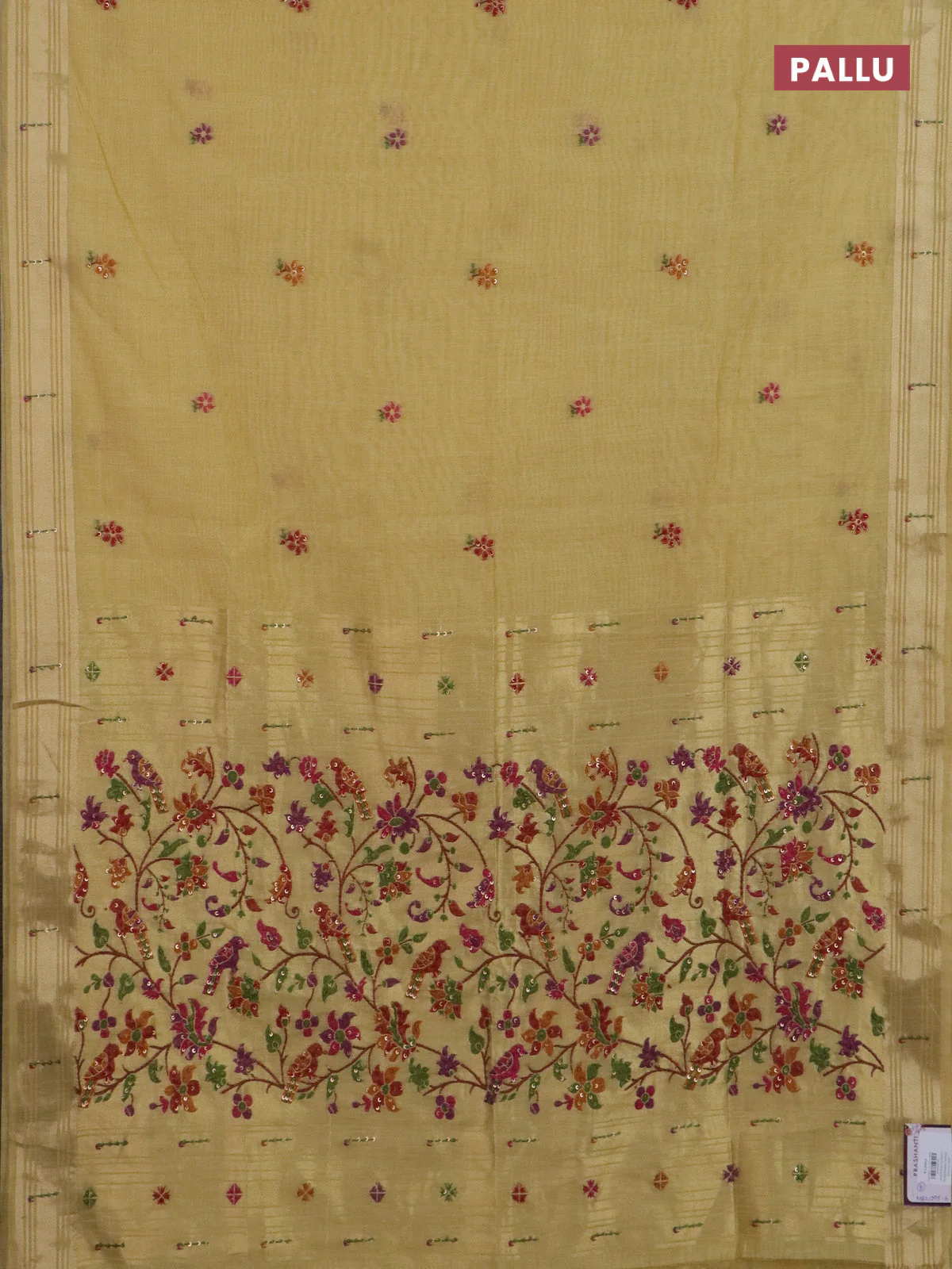 Jamdhani cotton saree pale yellow with thread woven buttas & embroidery work and embroidery jamdhani pallu - Image 3