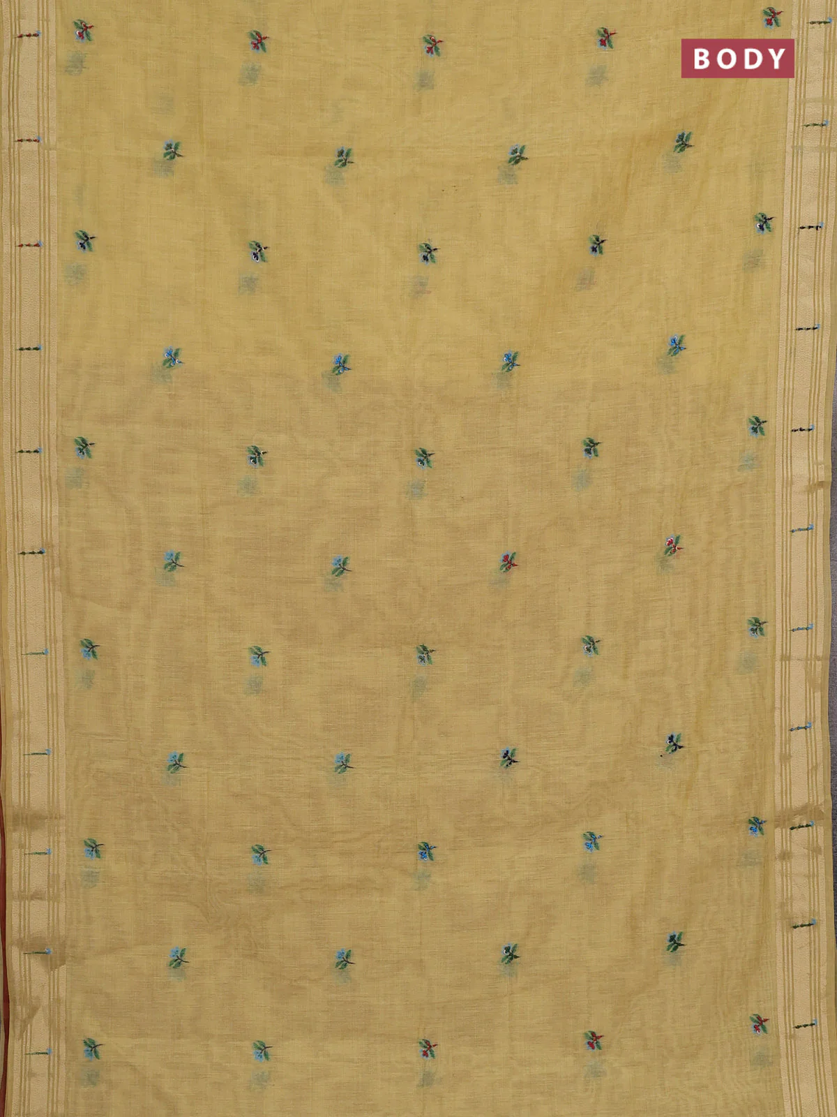 Jamdhani cotton saree pale yellow with thread woven buttas & embroidery work and embroidery jamdhani pallu - Image 2