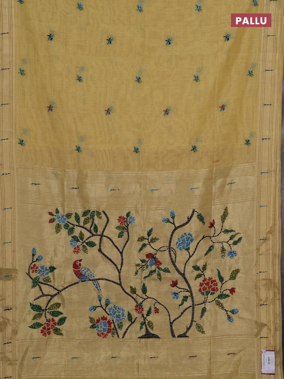 Jamdhani cotton saree pale yellow with thread woven buttas & embroidery work and embroidery jamdhani pallu - Image 3