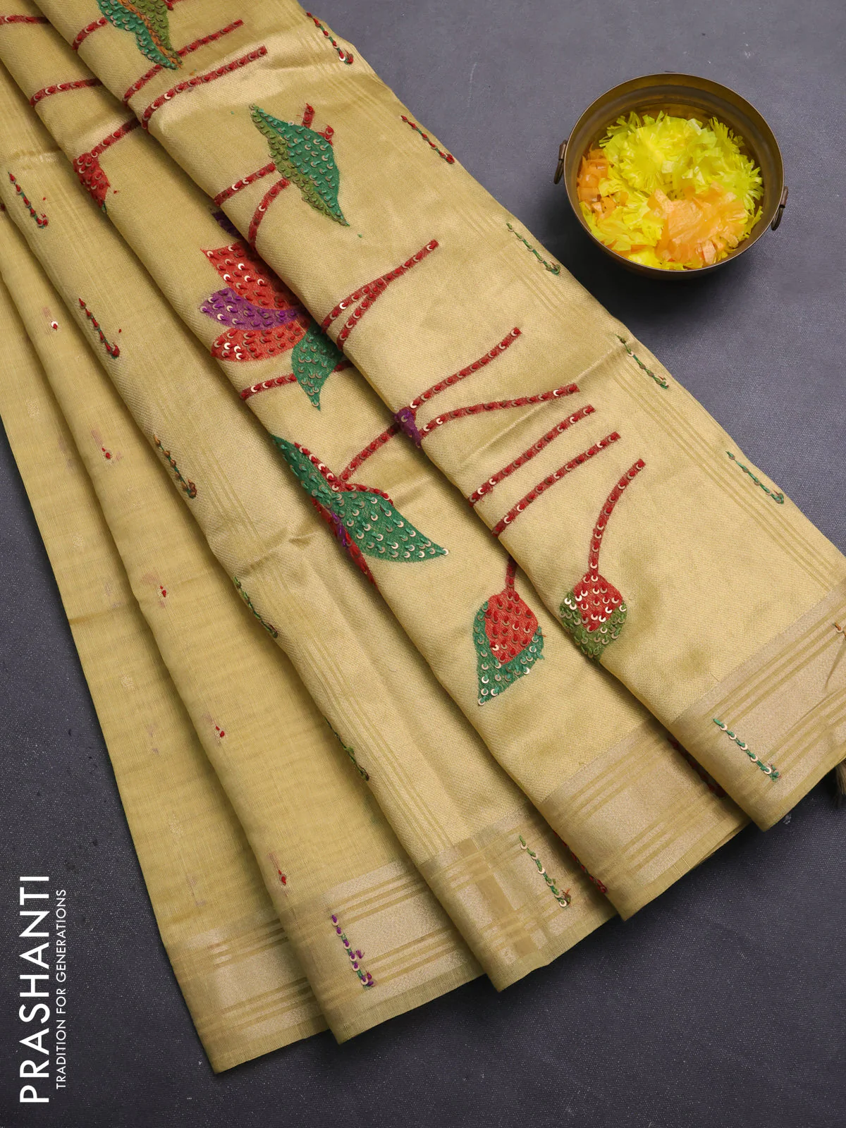 Jamdhani cotton saree pale yellow with thread woven buttas & embroidery work and embroidery jamdhani pallu