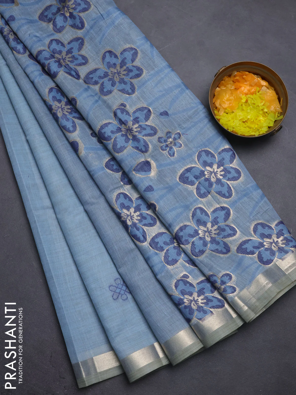 Jamdhani cotton saree pastel blue and navy blue with thread & zari woven buttas and thread weaving pallu