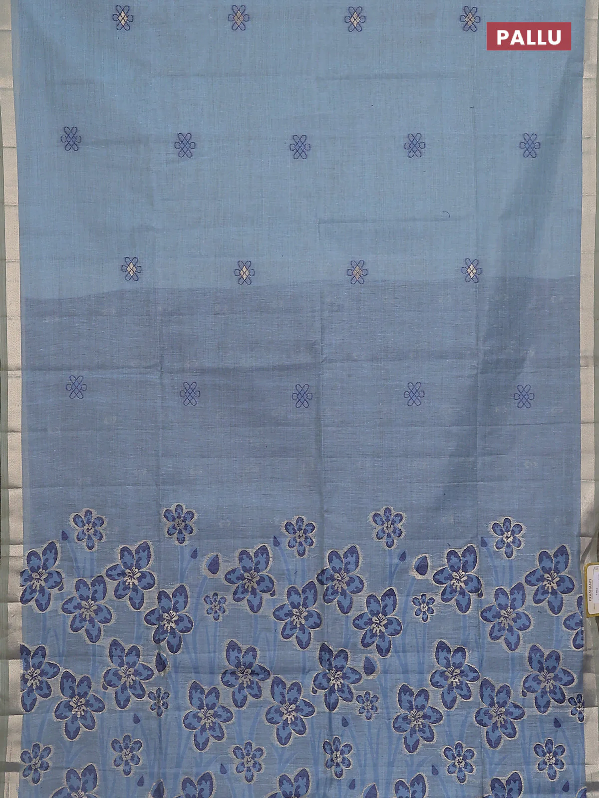 Jamdhani cotton saree pastel blue and navy blue with thread & zari woven buttas and thread weaving pallu - Image 3