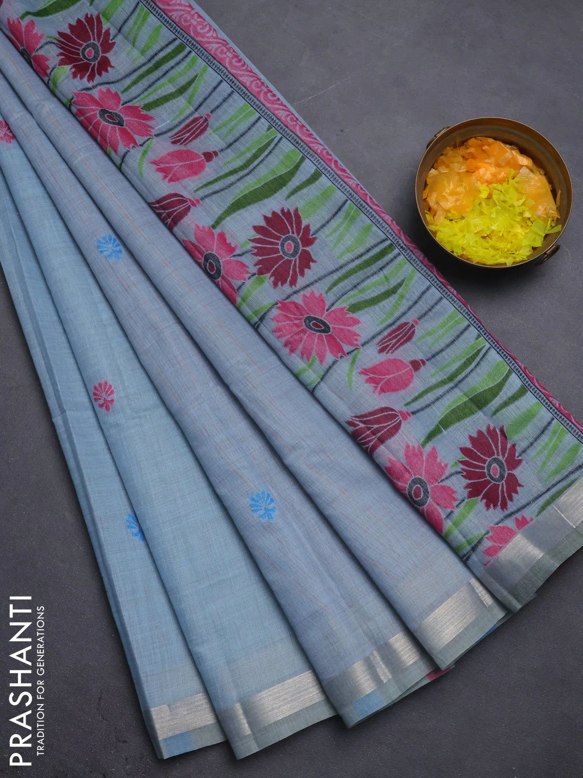 Jamdhani cotton saree pastel blue with thread woven buttas and thread weaving pallu
