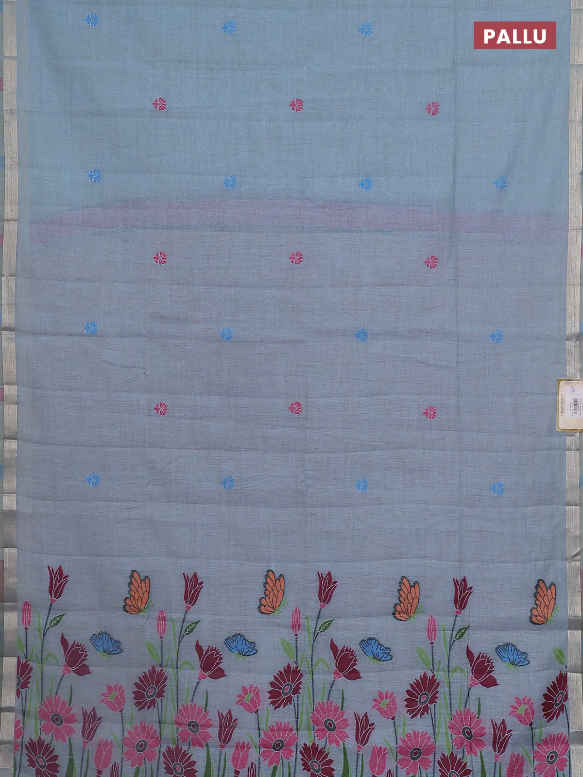 Jamdhani cotton saree pastel blue with thread woven buttas and thread weaving pallu - Image 3