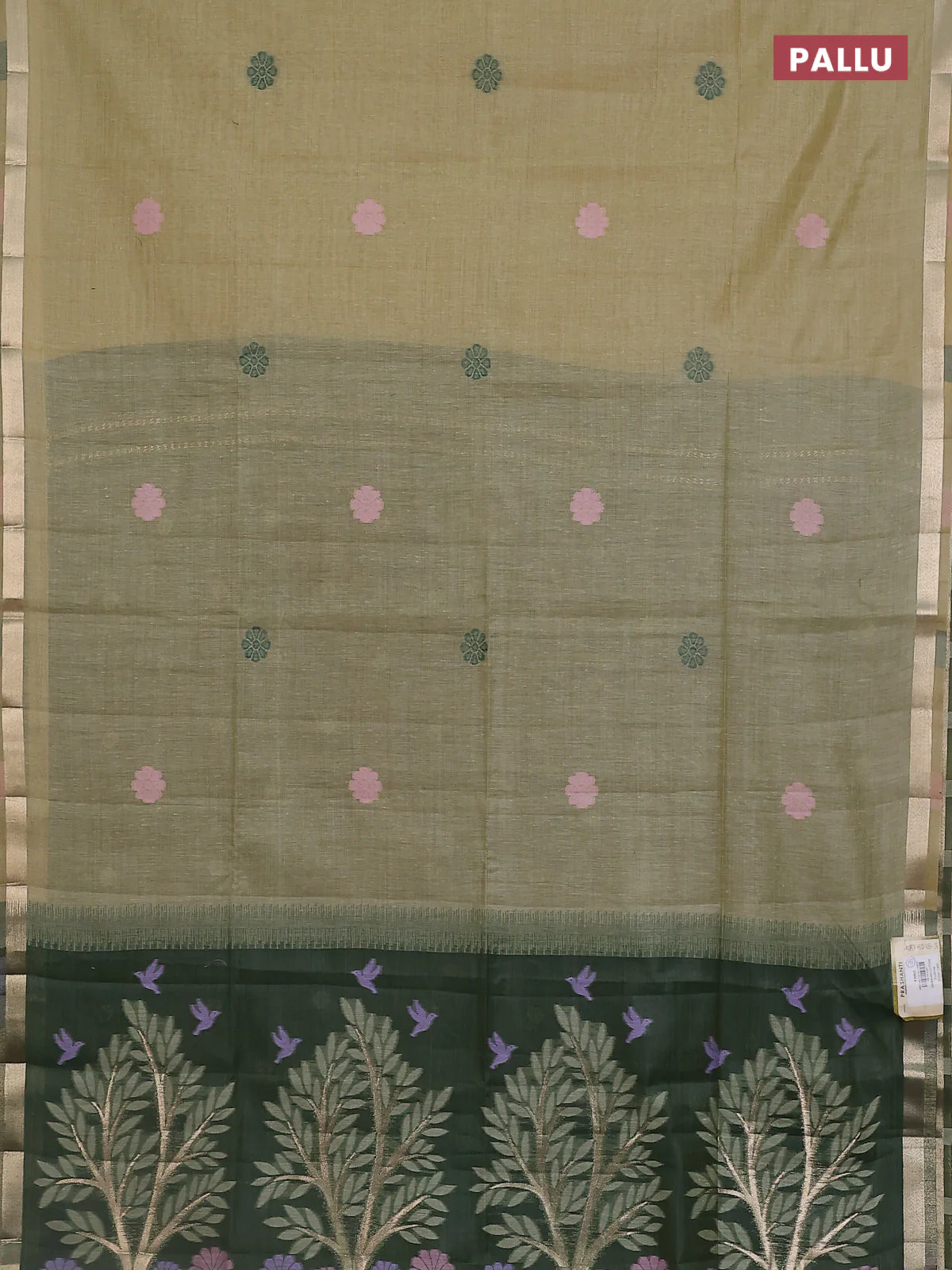 Jamdhani cotton saree pastel green with floral thread woven buttas and thread & zari weaving pallu - Image 3