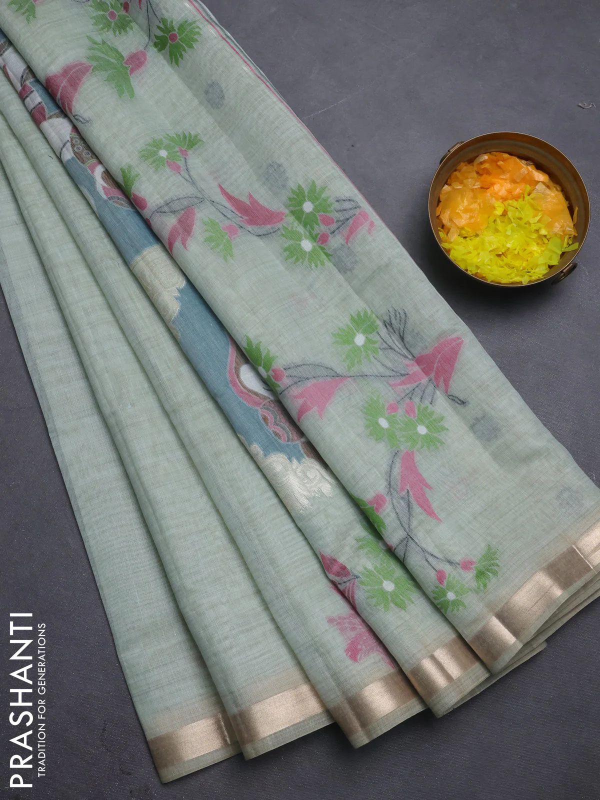 Jamdhani cotton saree pastel green with thread woven buttas and paithani weaving pallu