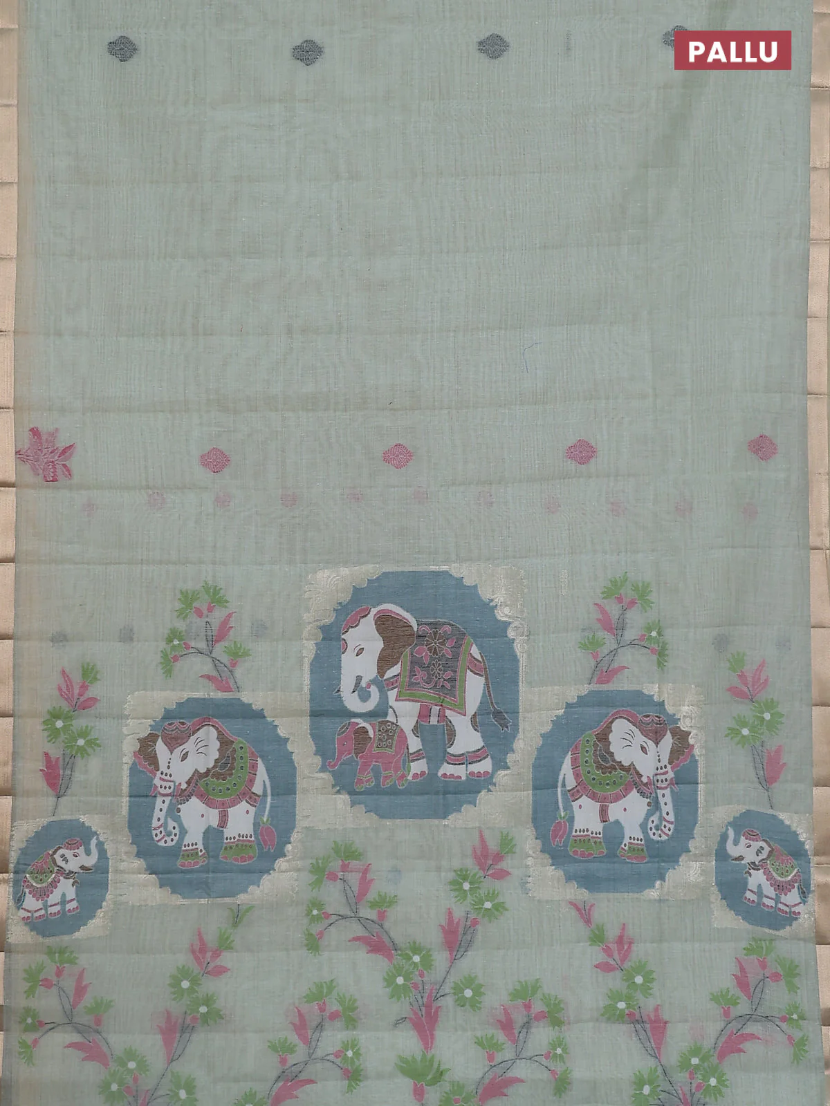 Jamdhani cotton saree pastel green with thread woven buttas and paithani weaving pallu - Image 3