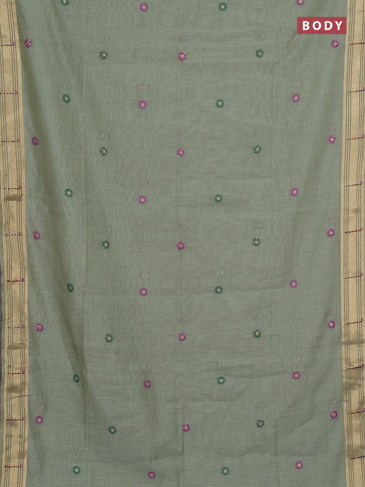 Jamdhani cotton saree pastel green with thread woven buttas & embroidery work and embroidery jamdhani pallu - Image 2