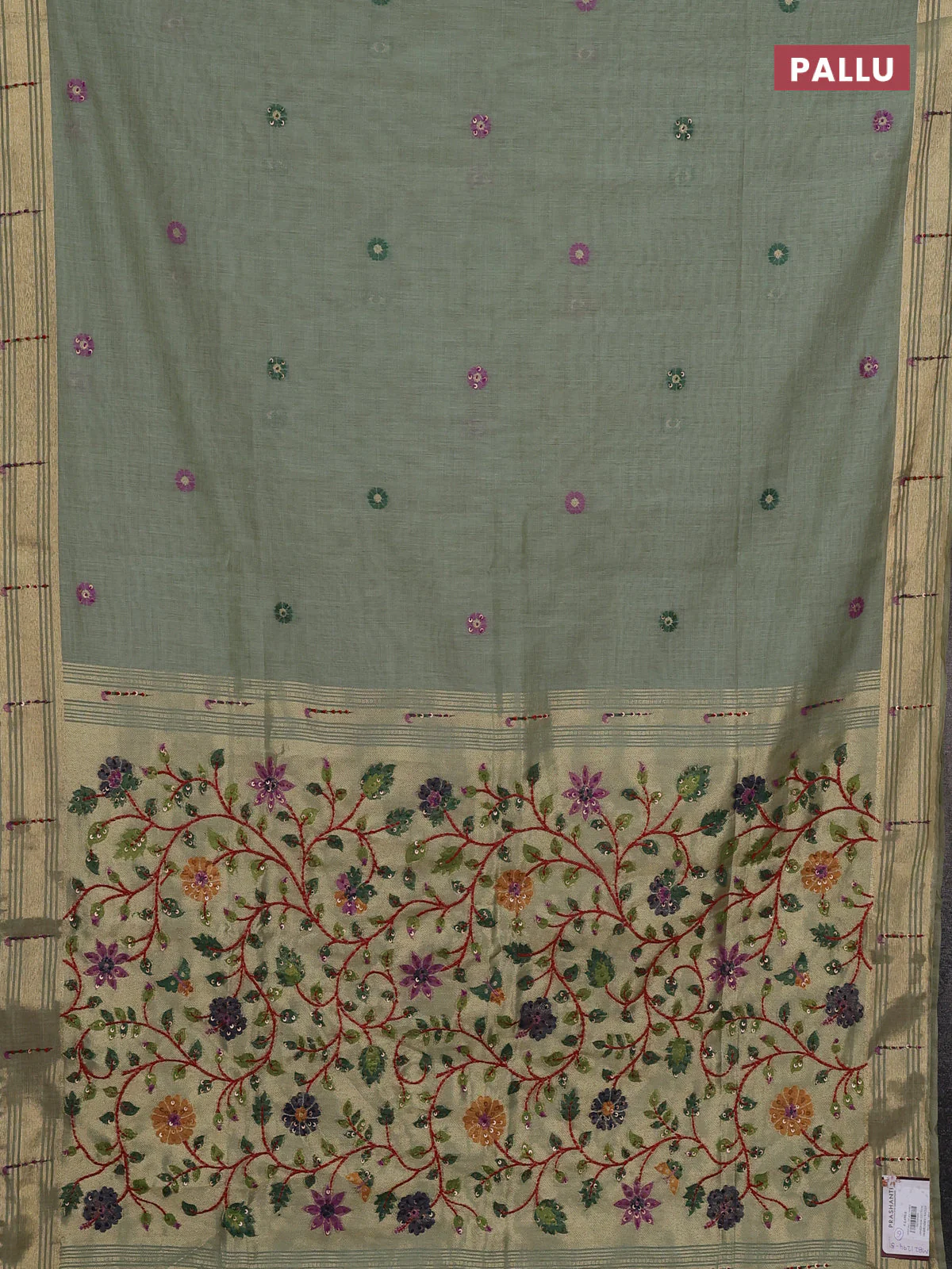 Jamdhani cotton saree pastel green with thread woven buttas & embroidery work and embroidery jamdhani pallu - Image 3