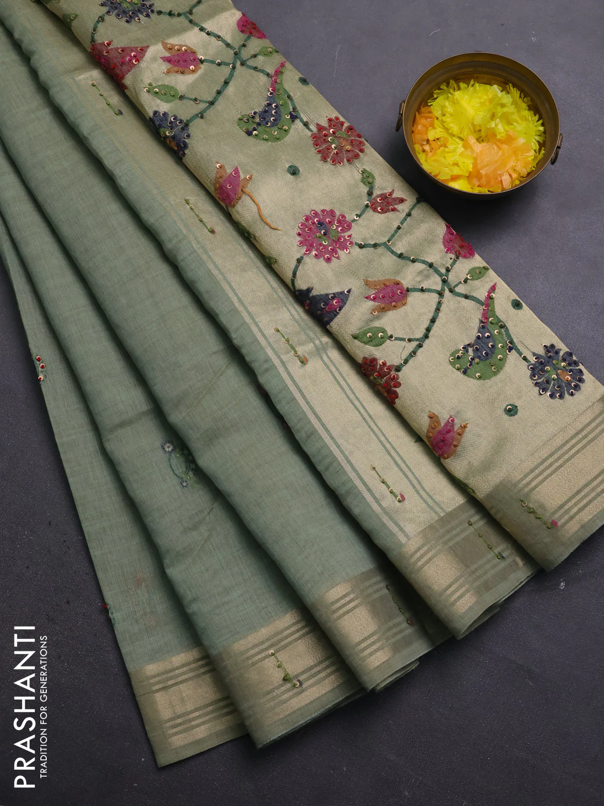 Jamdhani cotton saree pastel green with thread woven buttas & embroidery work and embroidery jamdhani pallu