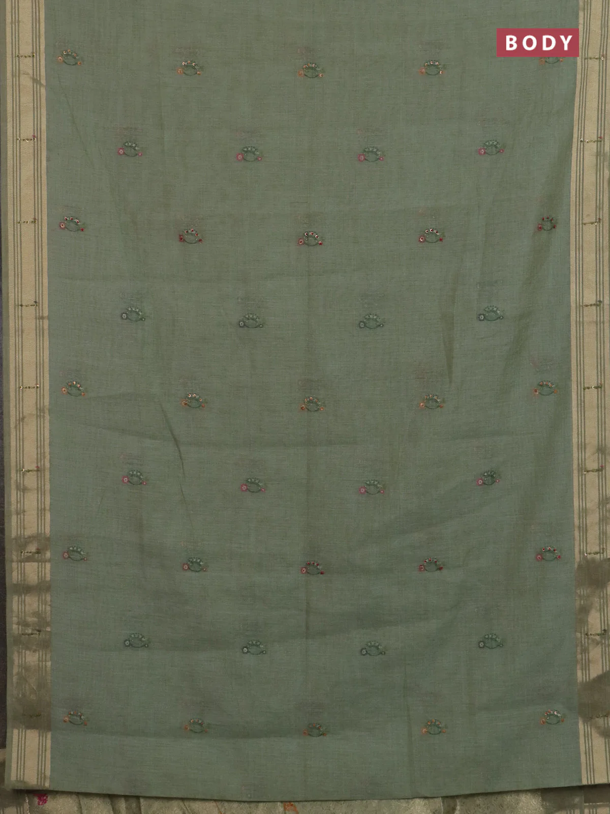 Jamdhani cotton saree pastel green with thread woven buttas & embroidery work and embroidery jamdhani pallu - Image 2