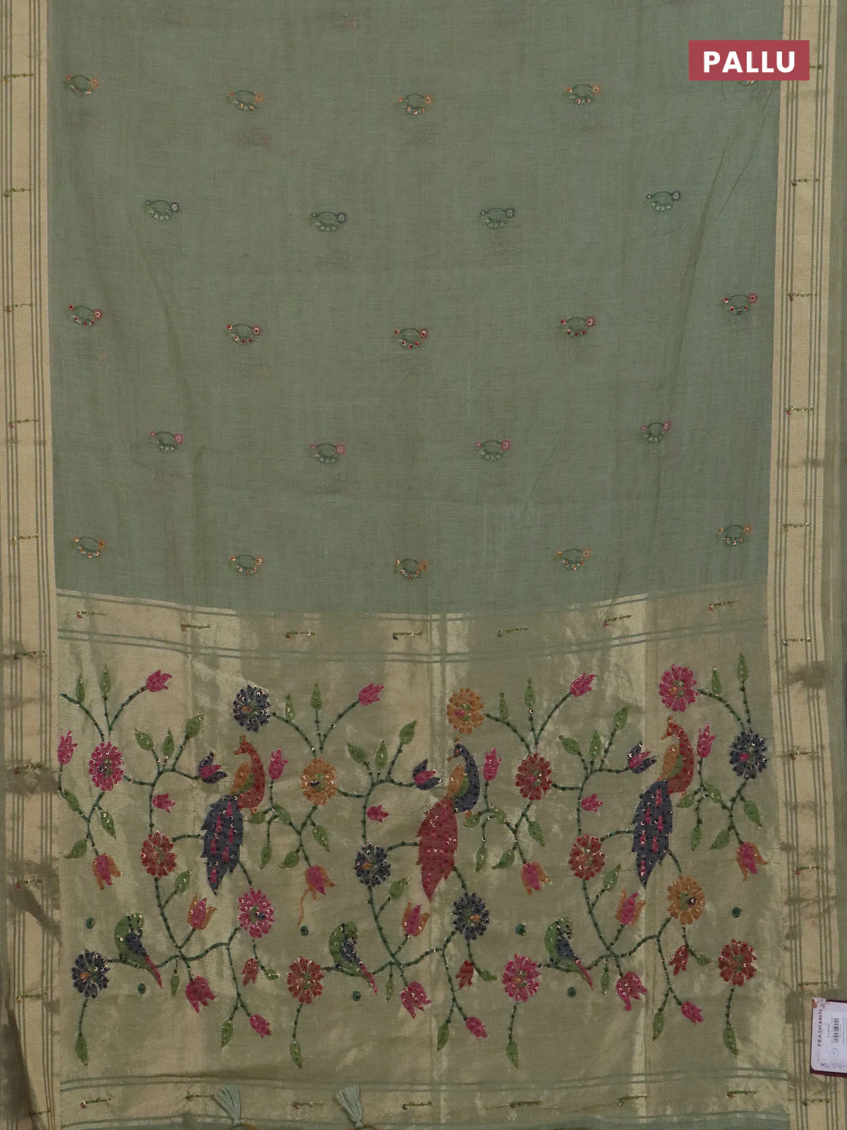 Jamdhani cotton saree pastel green with thread woven buttas & embroidery work and embroidery jamdhani pallu - Image 3