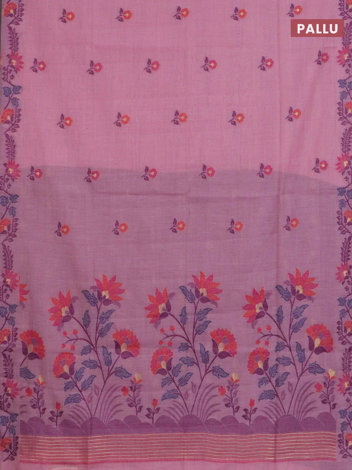 Jamdhani cotton saree pastel pink and purple with allover thread woven buttas and jamdhani pallu - Image 3