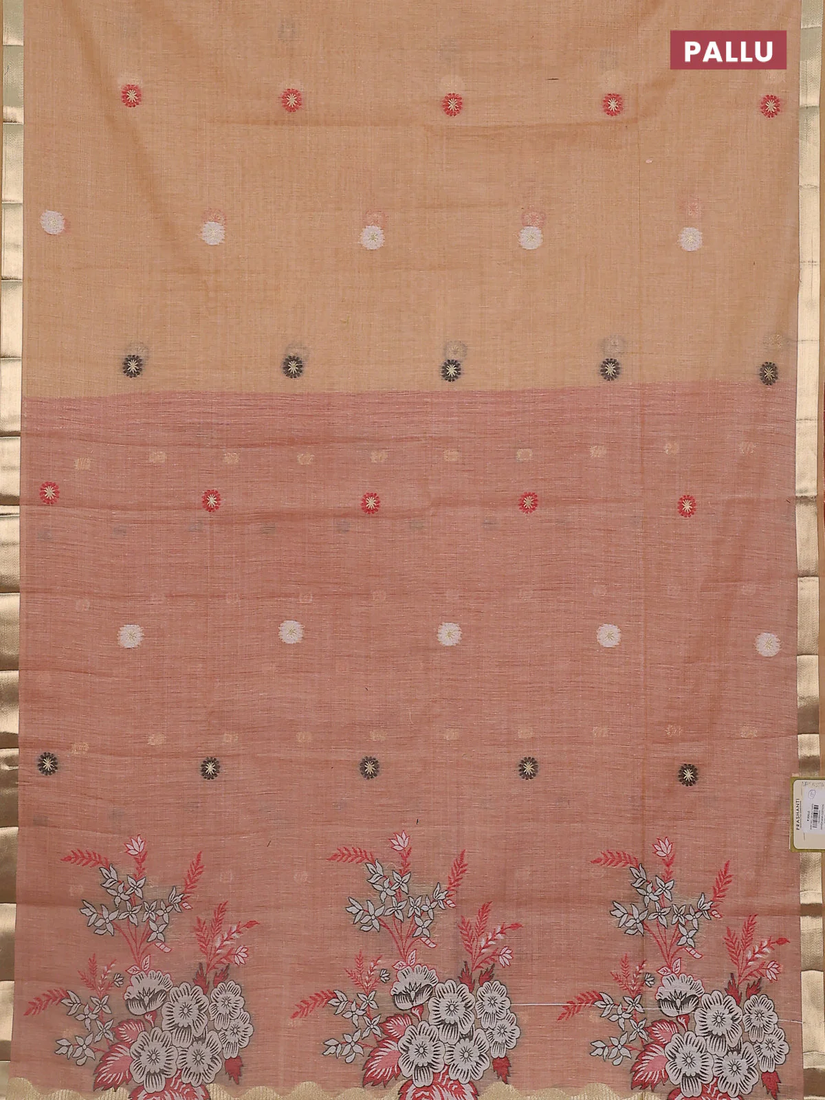 Jamdhani cotton saree peach orange and red with thread woven buttas and thread weaving pallu - Image 3