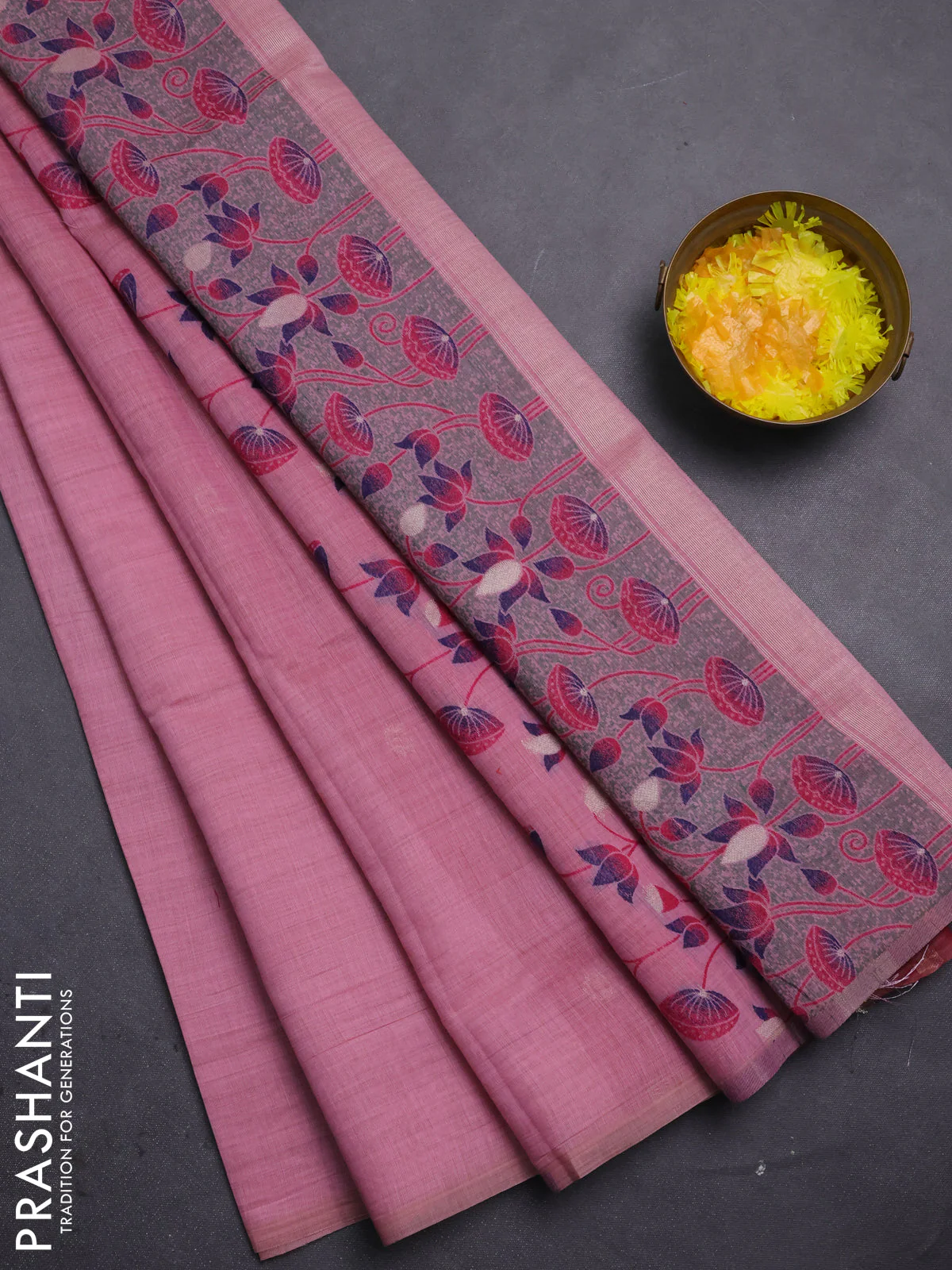 Jamdhani cotton saree peach pink and maroon with thread woven buttas and jamdhani pallu