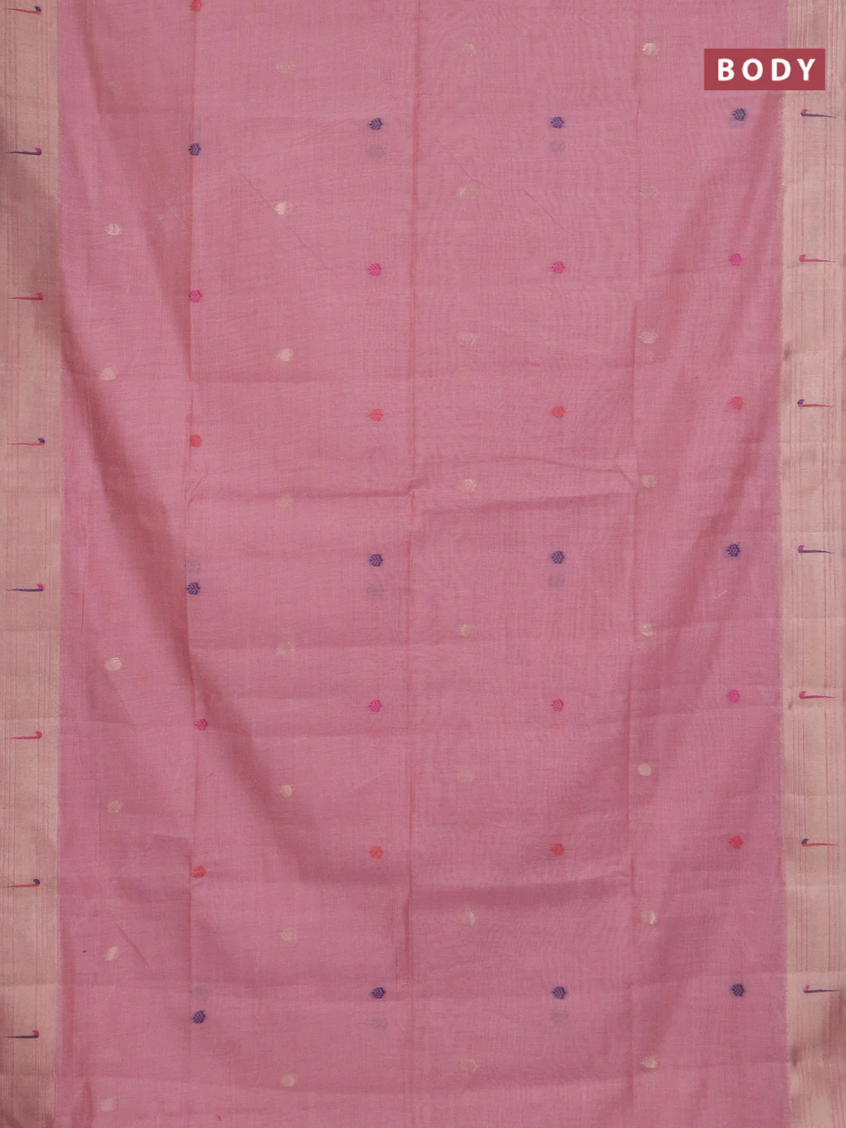 Jamdhani cotton saree peach pink and red with thread & zari woven buttas and jamdhani pallu - Image 2