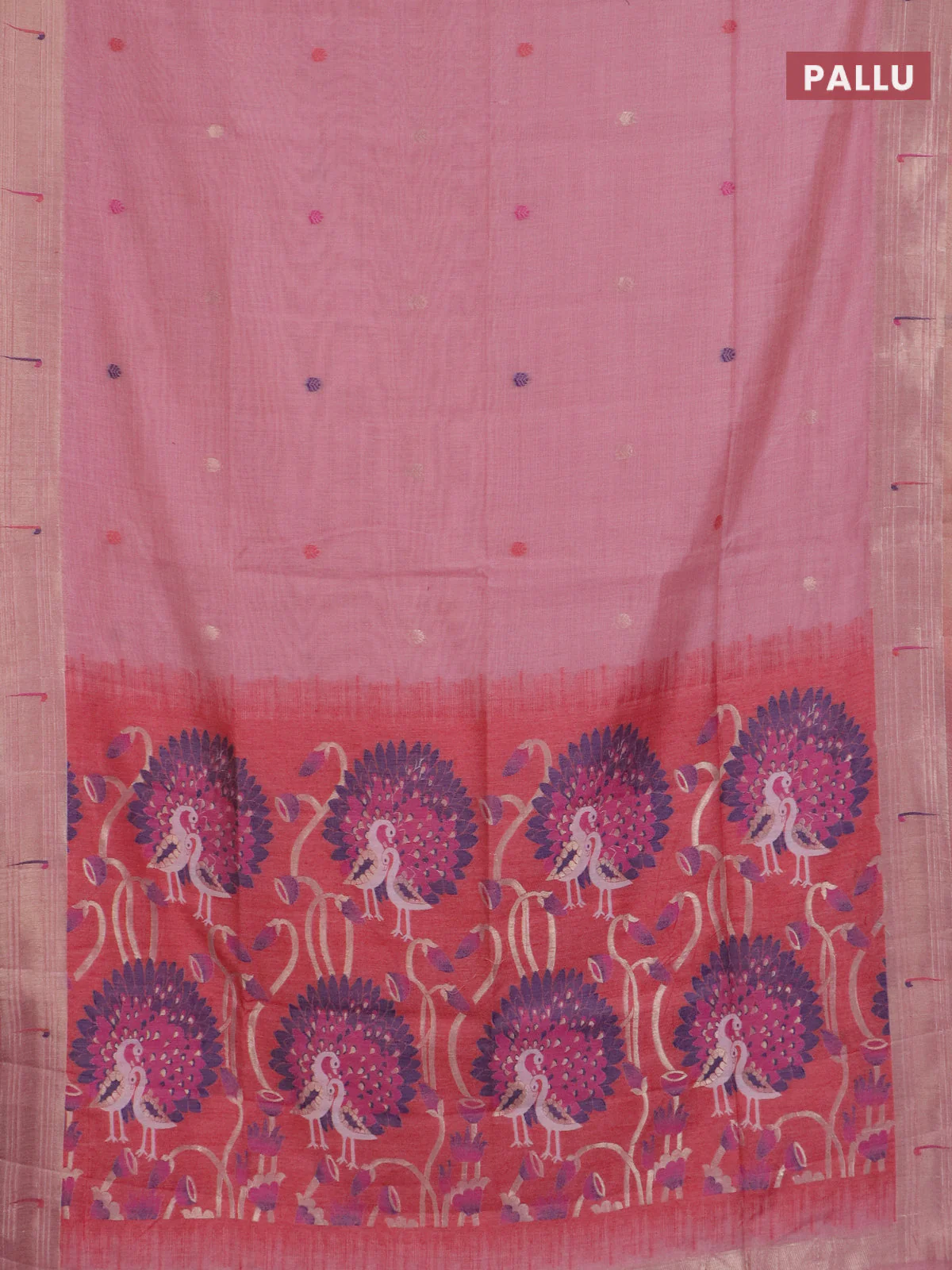 Jamdhani cotton saree peach pink and red with thread & zari woven buttas and jamdhani pallu - Image 3