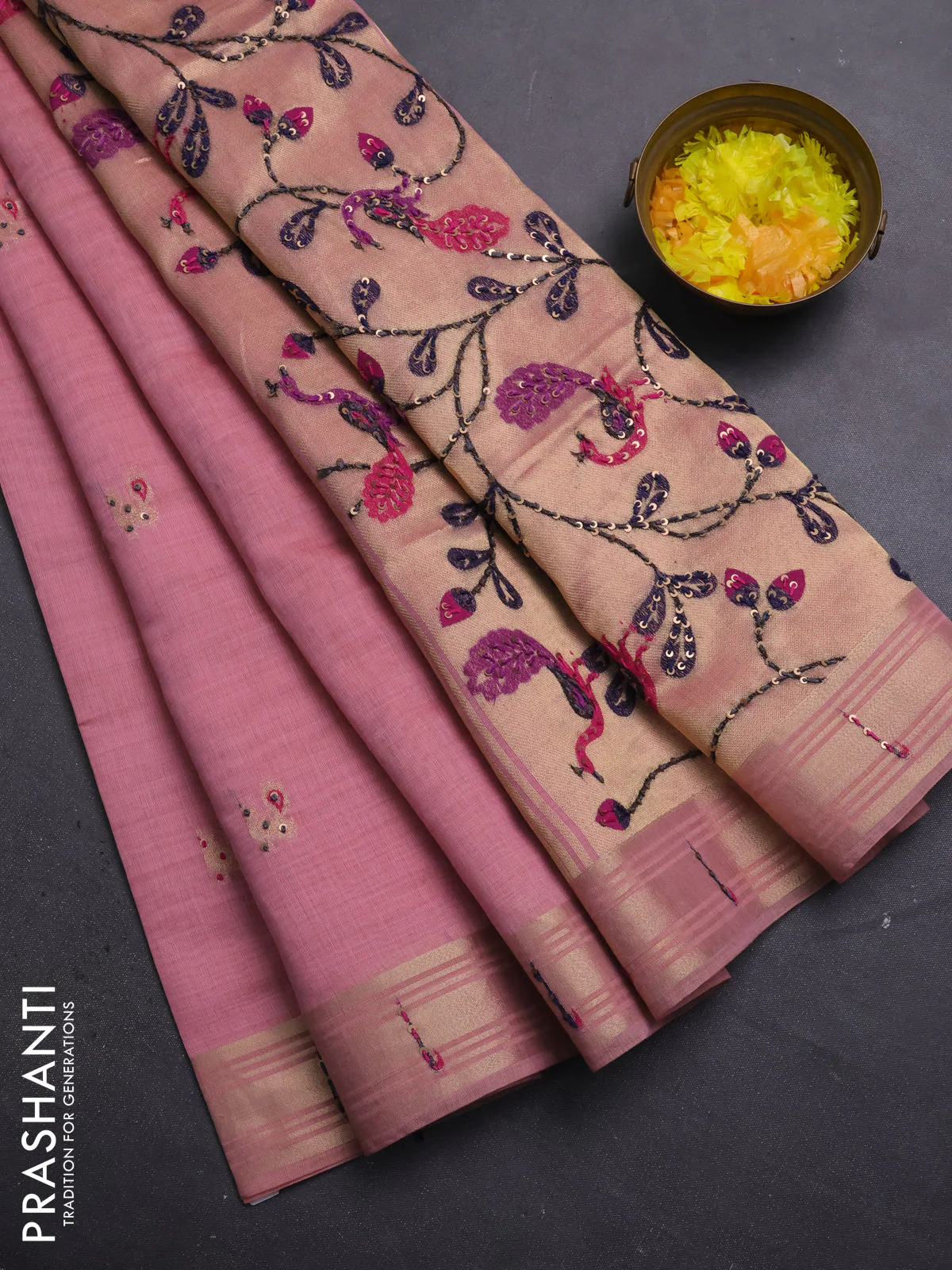 Jamdhani cotton saree peach pink with thread woven buttas & embroidery work and embroidery jamdhani pallu