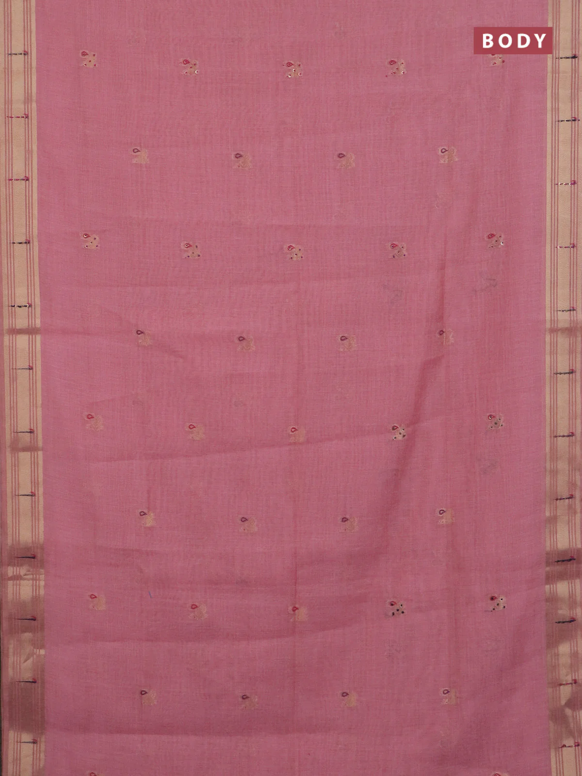 Jamdhani cotton saree peach pink with thread woven buttas & embroidery work and embroidery jamdhani pallu - Image 2