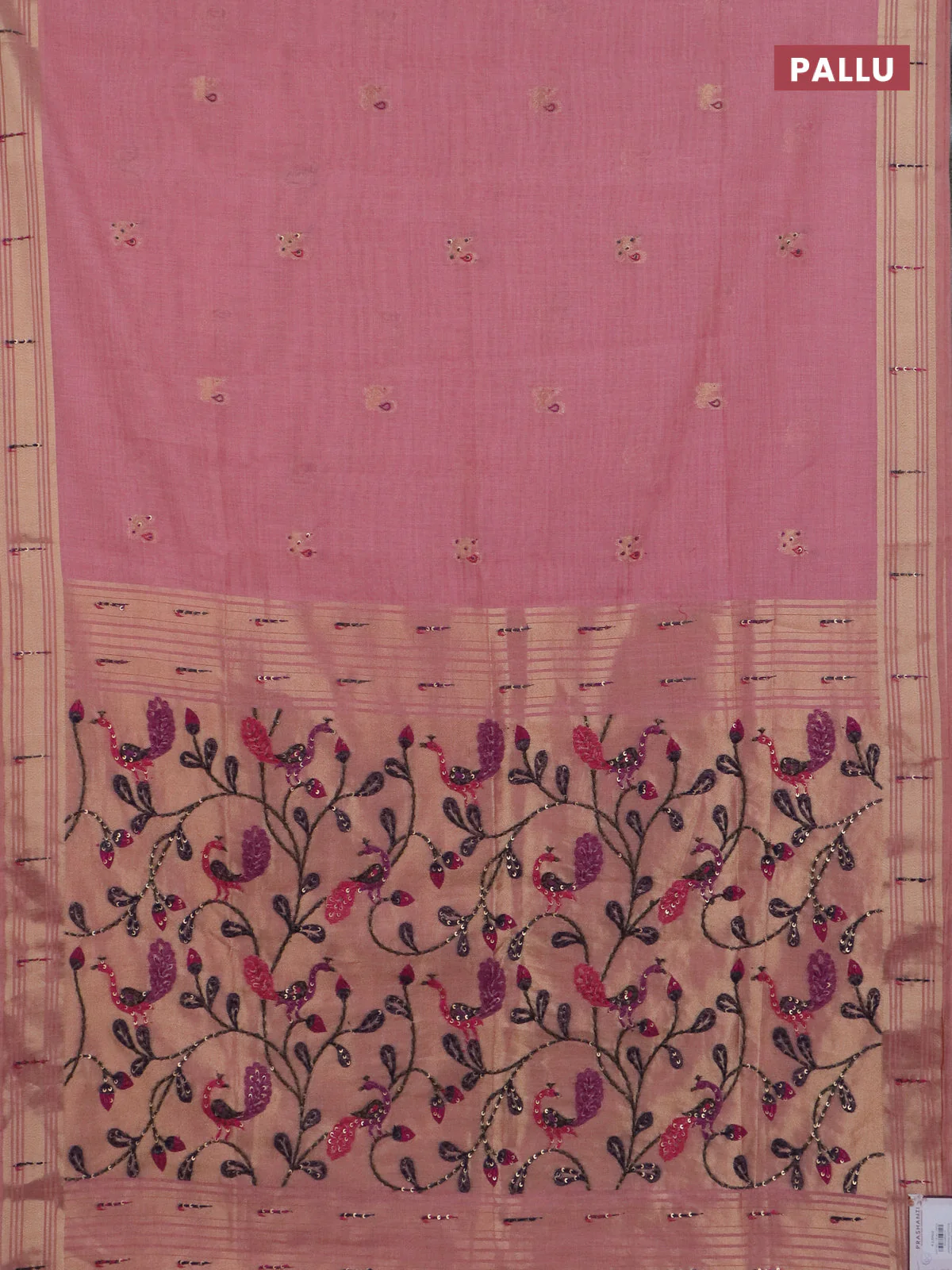 Jamdhani cotton saree peach pink with thread woven buttas & embroidery work and embroidery jamdhani pallu - Image 3