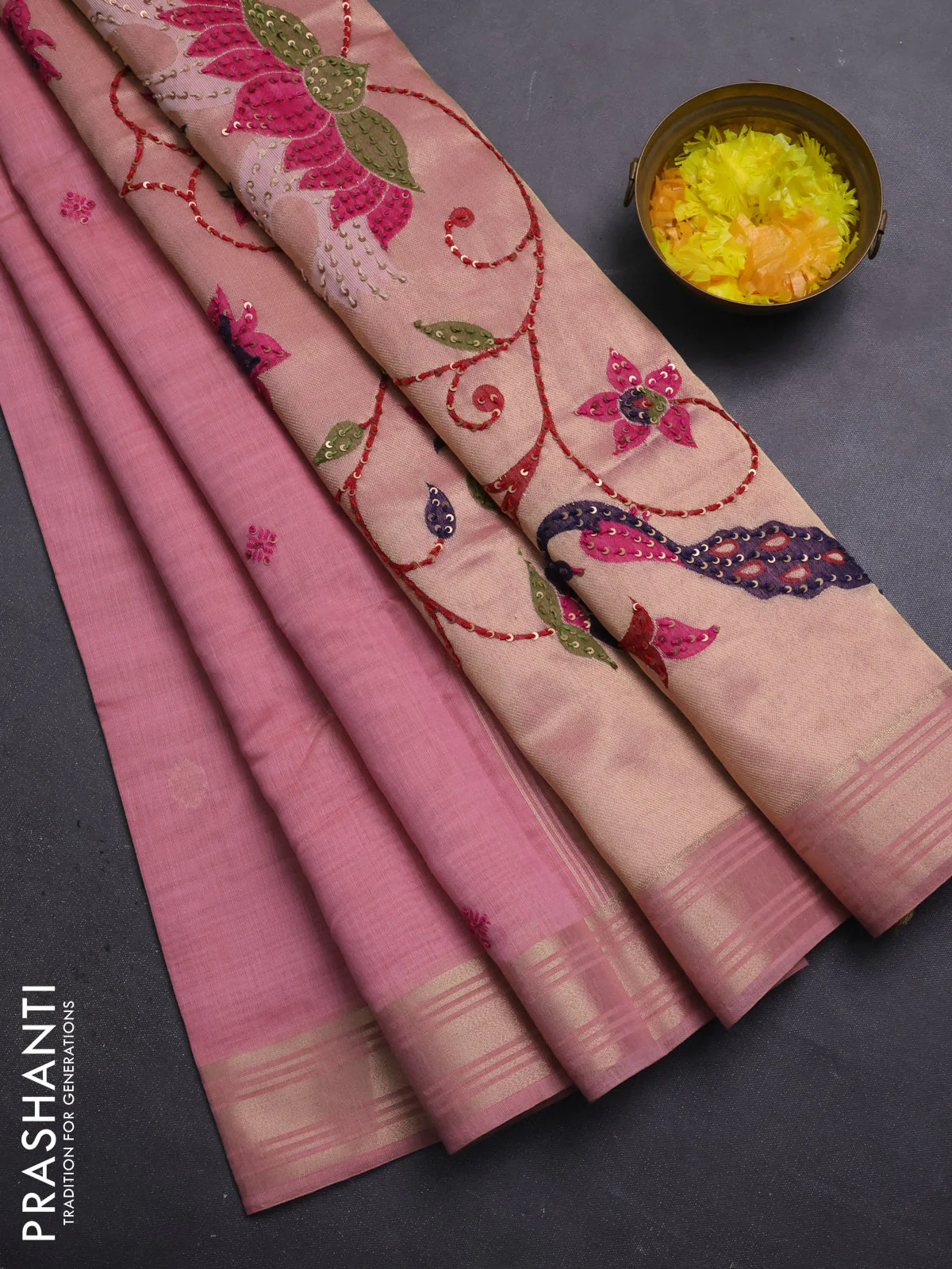Jamdhani cotton saree peach pink with thread woven buttas & embroidery work and embroidery jamdhani pallu