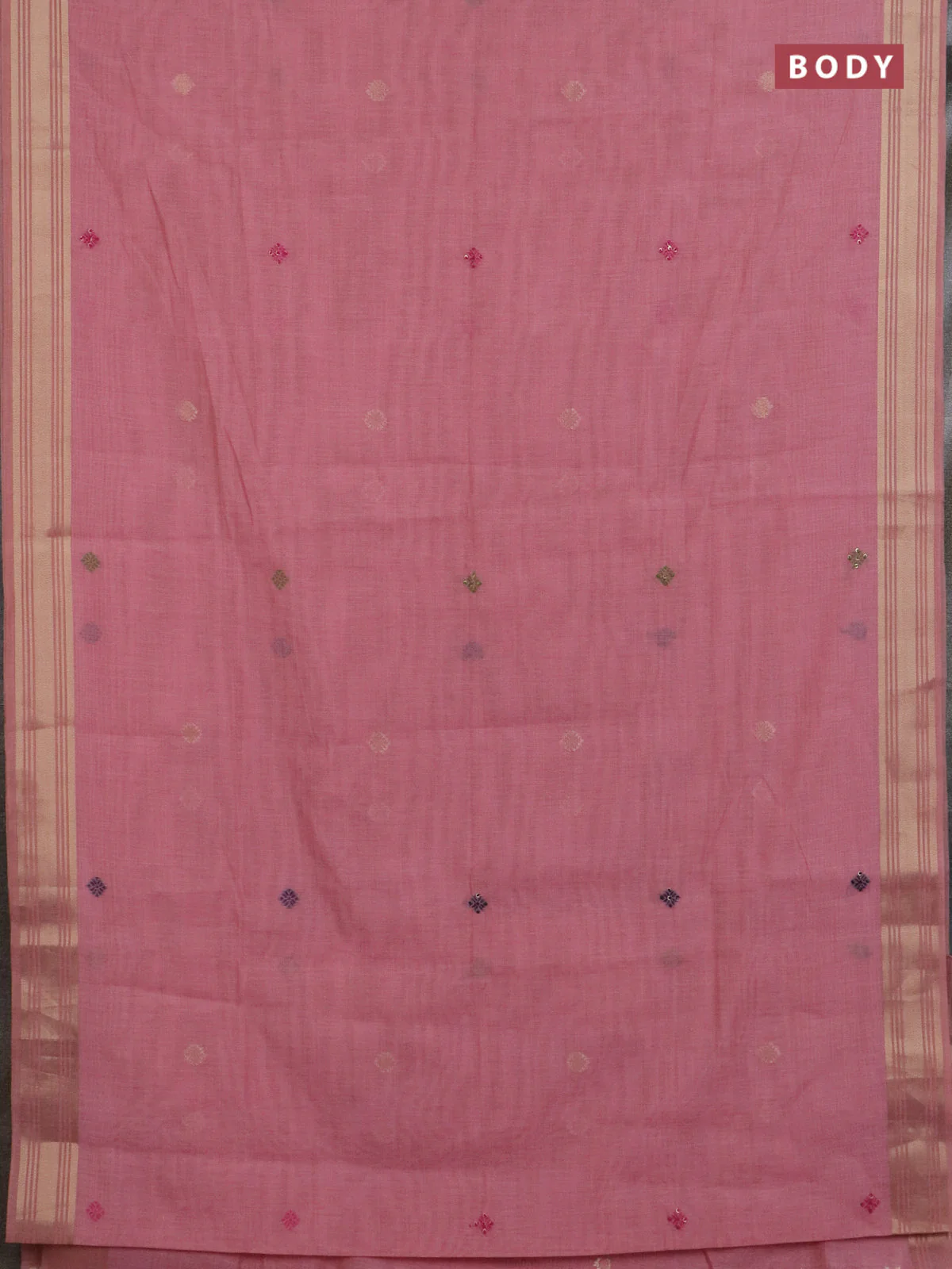 Jamdhani cotton saree peach pink with thread woven buttas & embroidery work and embroidery jamdhani pallu - Image 2