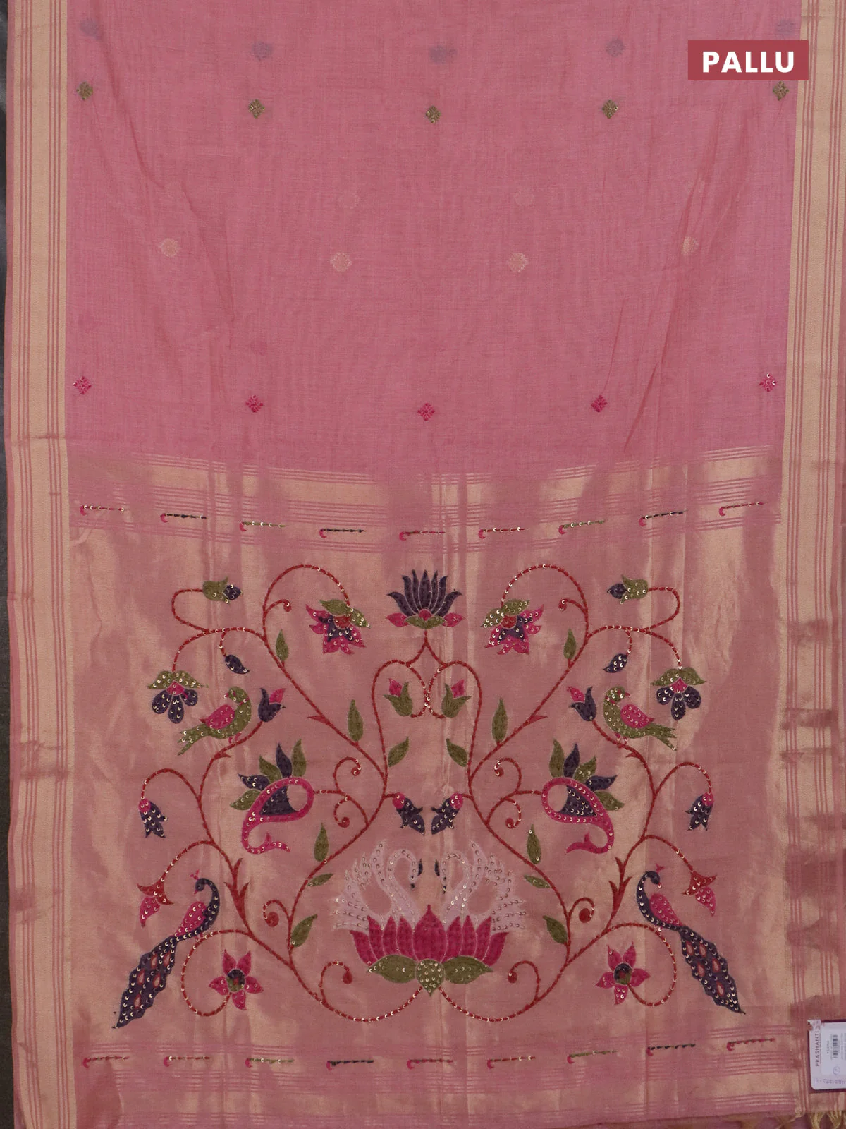 Jamdhani cotton saree peach pink with thread woven buttas & embroidery work and embroidery jamdhani pallu - Image 3
