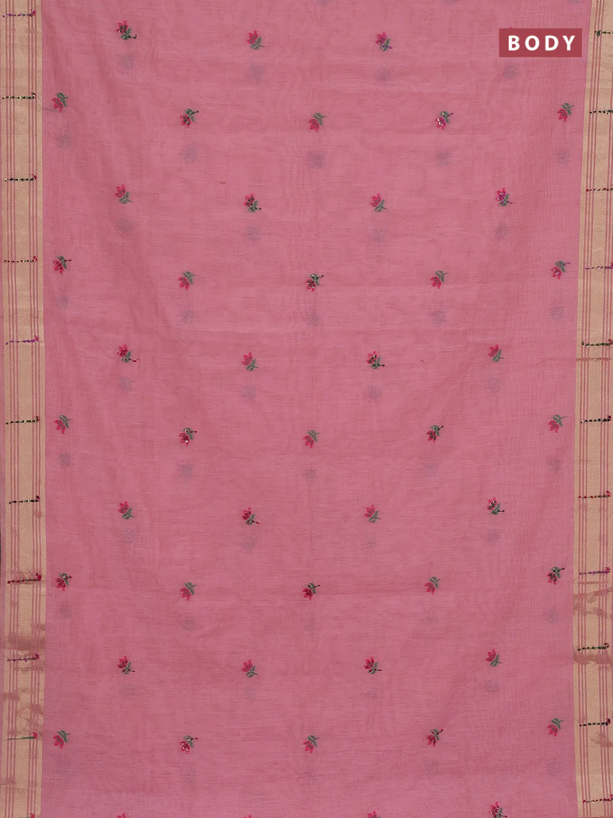 Jamdhani cotton saree peach pink with thread woven buttas & embroidery work and embroidery jamdhani pallu - Image 2