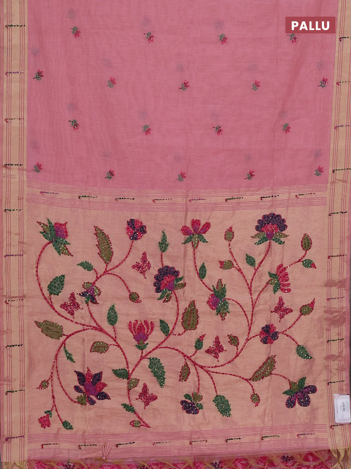 Jamdhani cotton saree peach pink with thread woven buttas & embroidery work and embroidery jamdhani pallu - Image 3