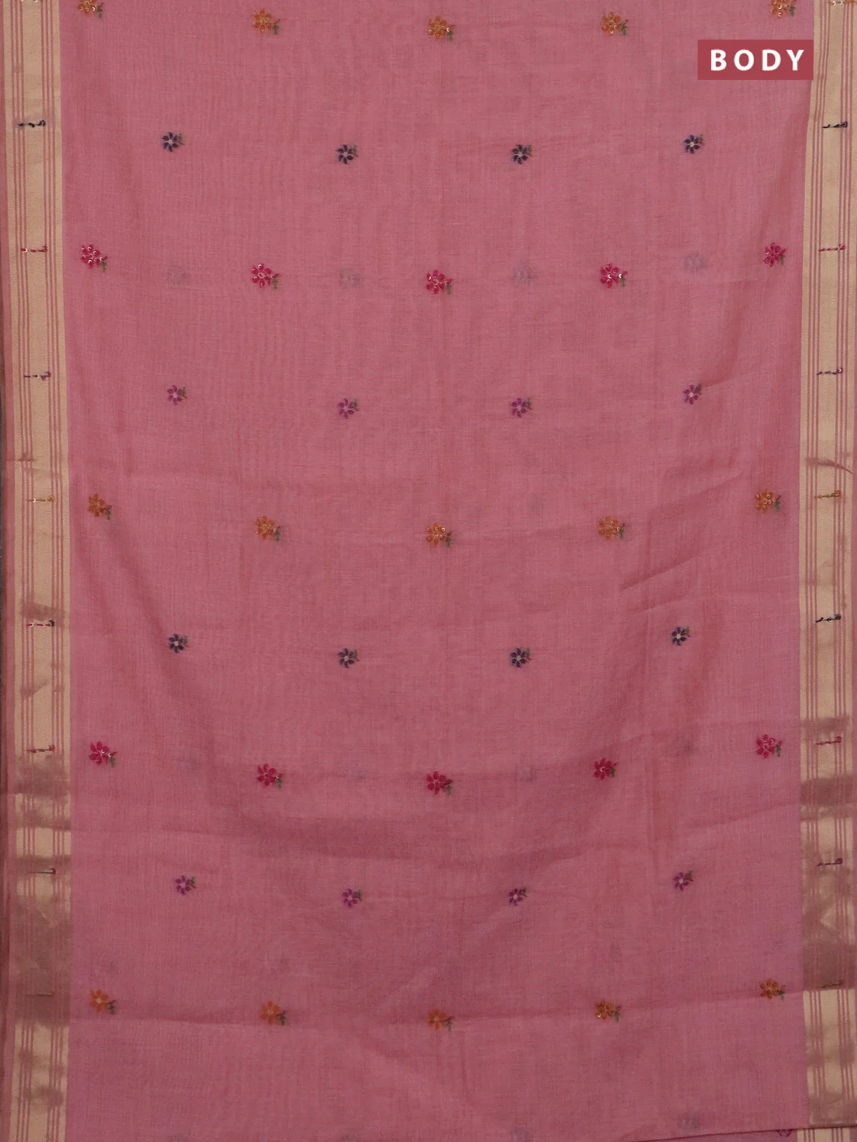 Jamdhani cotton saree peach pink with thread woven buttas & embroidery work and embroidery jamdhani pallu - Image 2