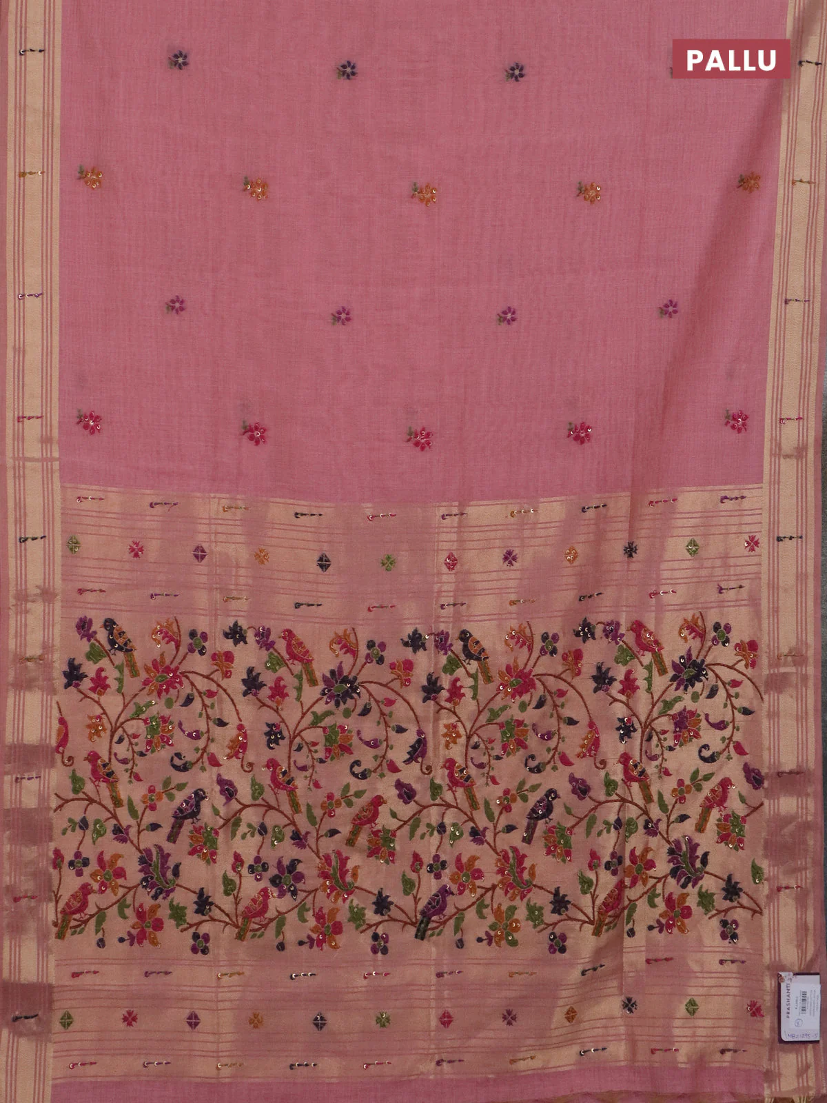 Jamdhani cotton saree peach pink with thread woven buttas & embroidery work and embroidery jamdhani pallu - Image 3